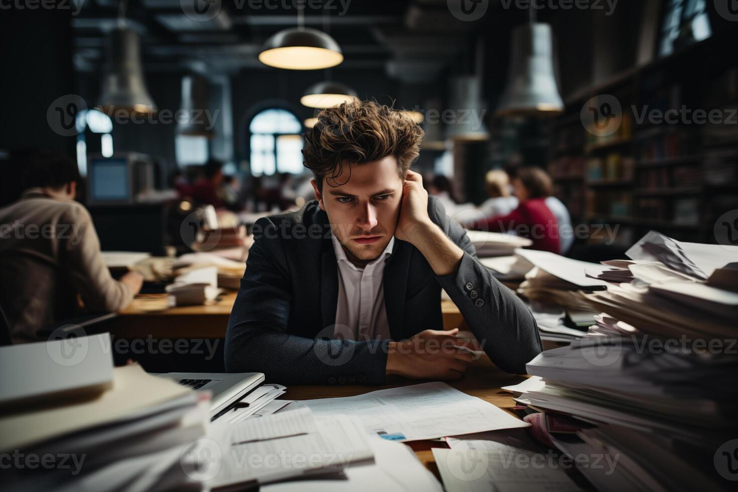 ai generato stressato uomo d'affari sensazione stanco e male alla testa. i problemi nel il posto di lavoro, lavorare troppo concetto foto