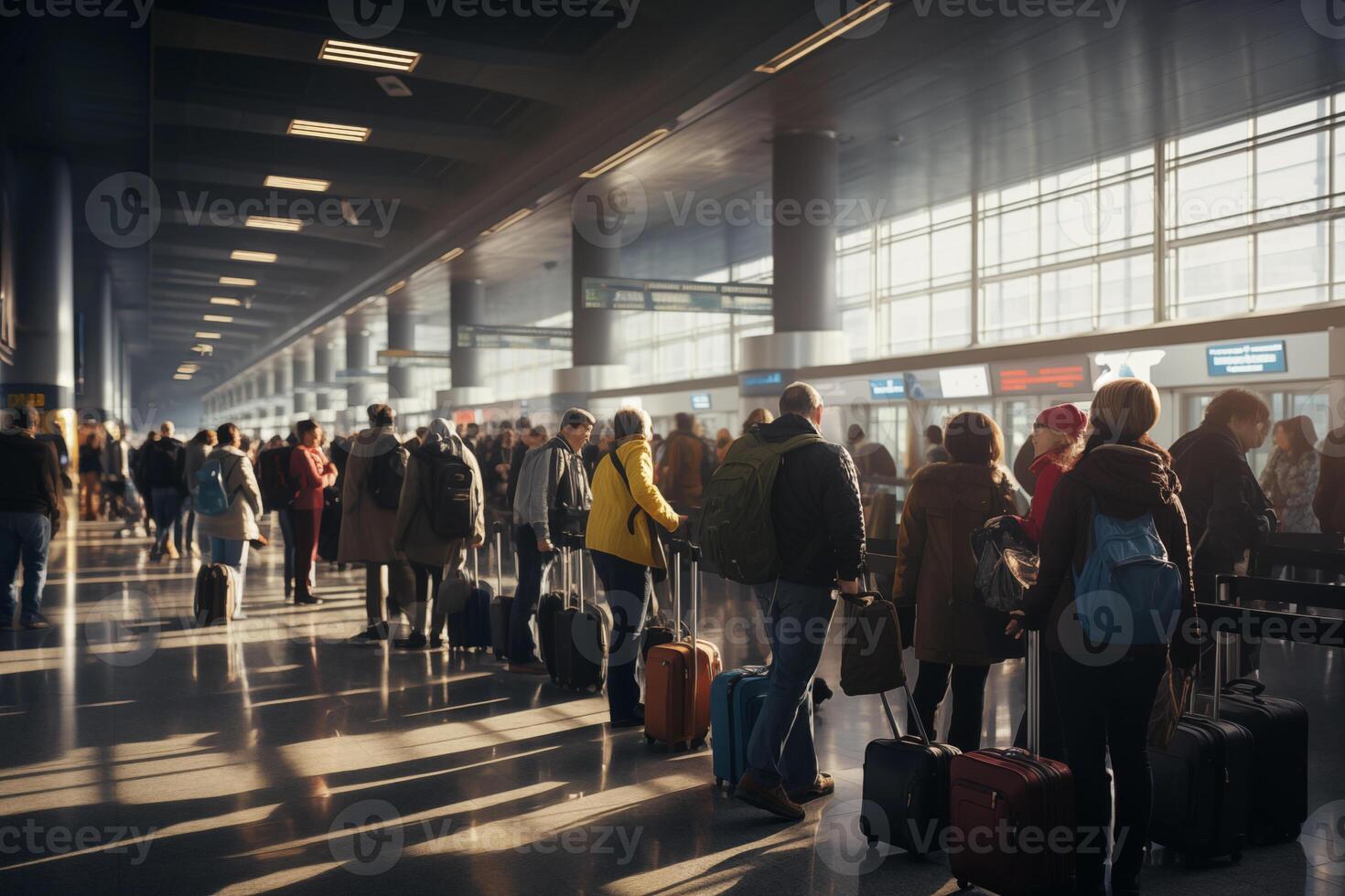 ai generato turisti nel coda nel il aeroporto terminale. viaggiatori durante registrare. vacanza, viaggio concetto foto