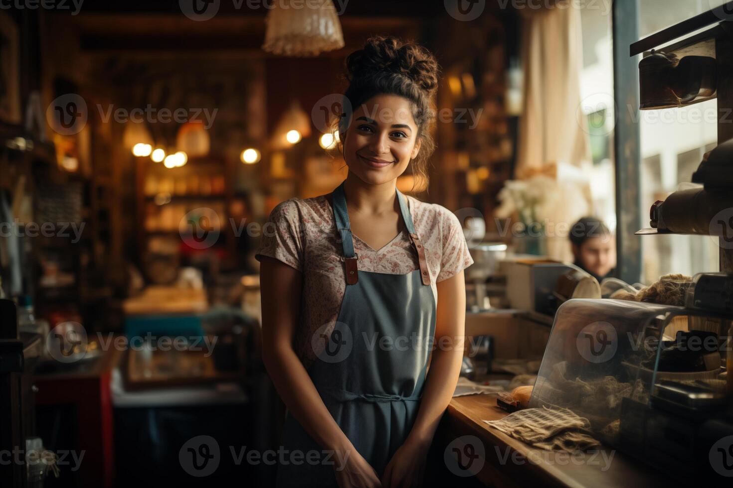 ai generato ritratto di felice, sorridente barista donna indossare grembiule nel caffè negozio foto
