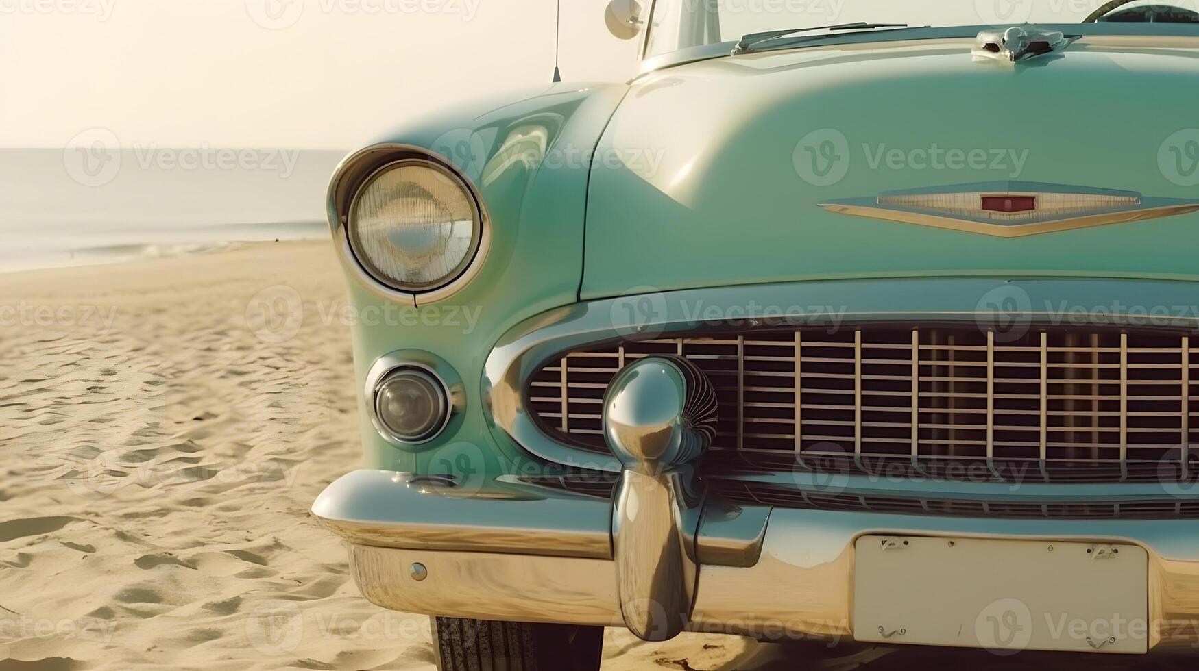 ai generato Vintage ▾ auto parcheggiata su spiaggia a soleggiato giorno, neurale Rete generato arte foto