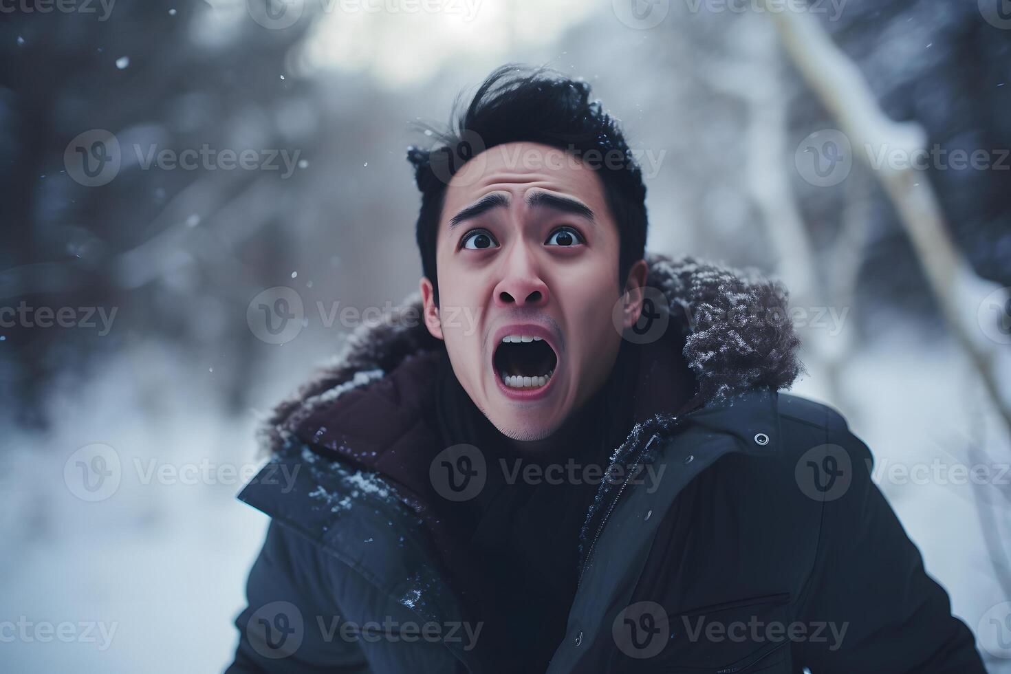 ai generato asiatico giovane adulto uomo perso nel foresta a nevoso inverno giorno, neurale Rete generato fotorealistico Immagine foto