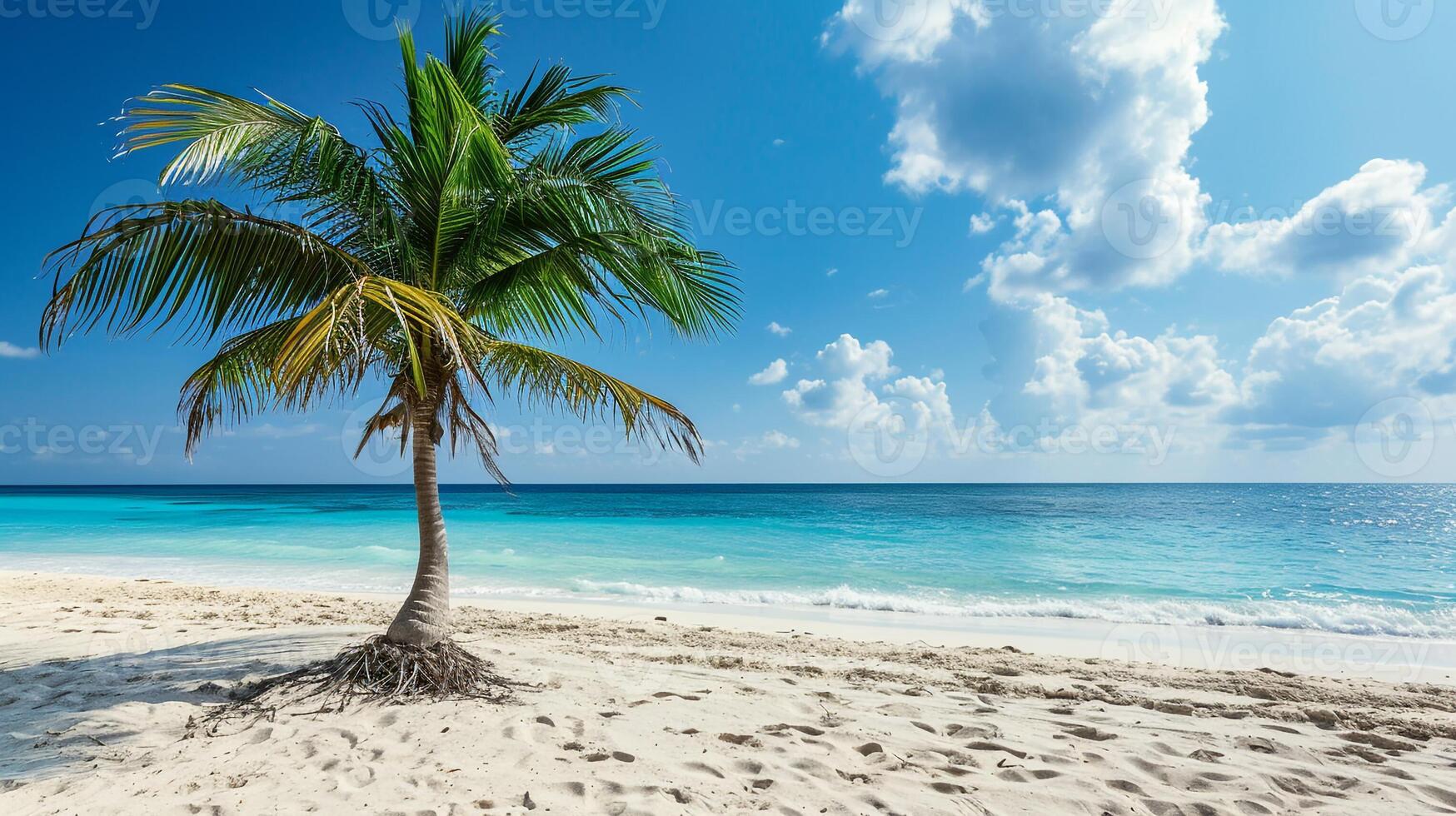 ai generato surreale e meraviglioso sognare spiaggia con palma albero su bianca sabbia e turchese oceano foto