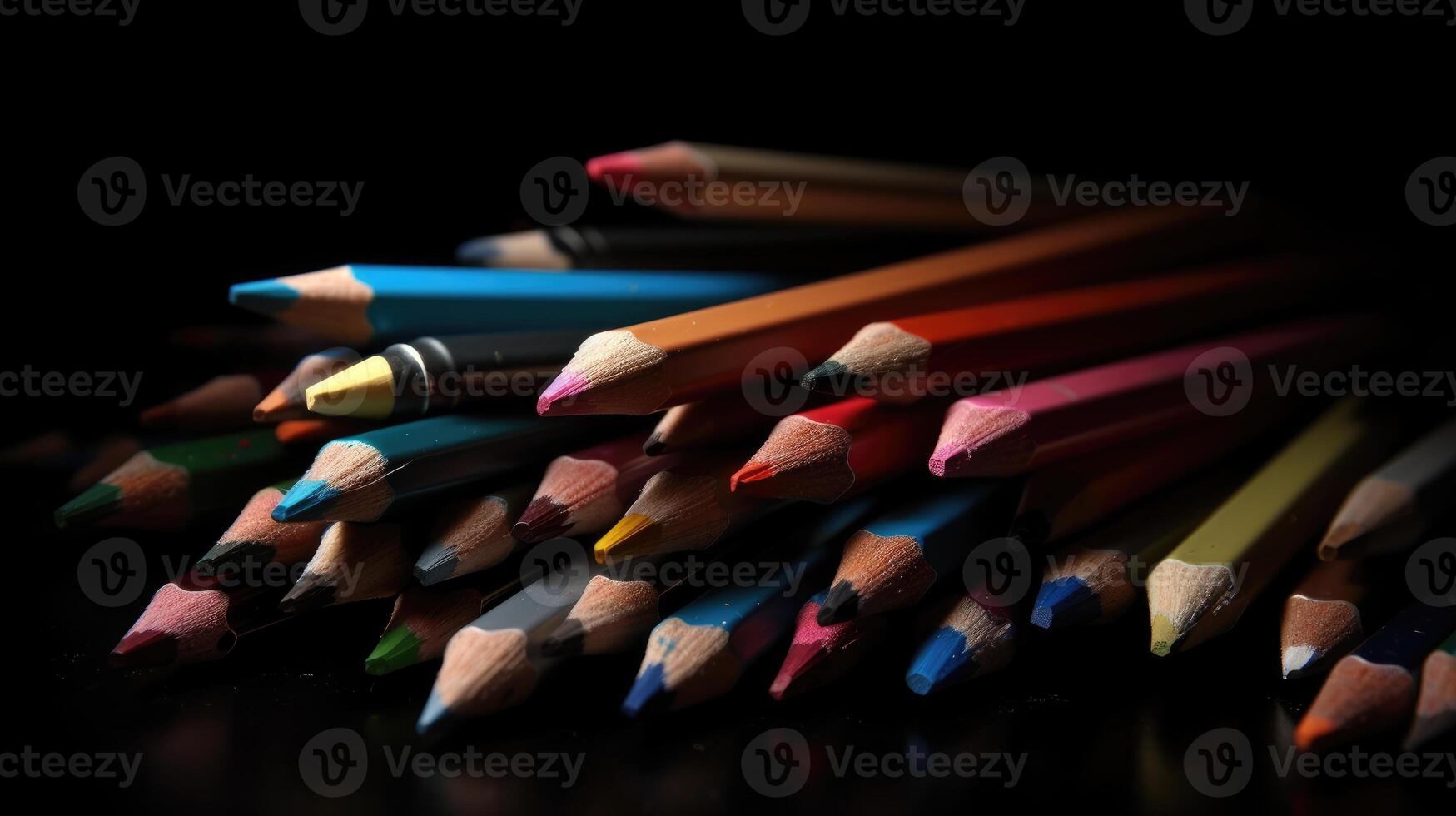 ai generato assortito colorato matite di cui su su un' buio superficie nel un' Basso leggero ambientazione. foto