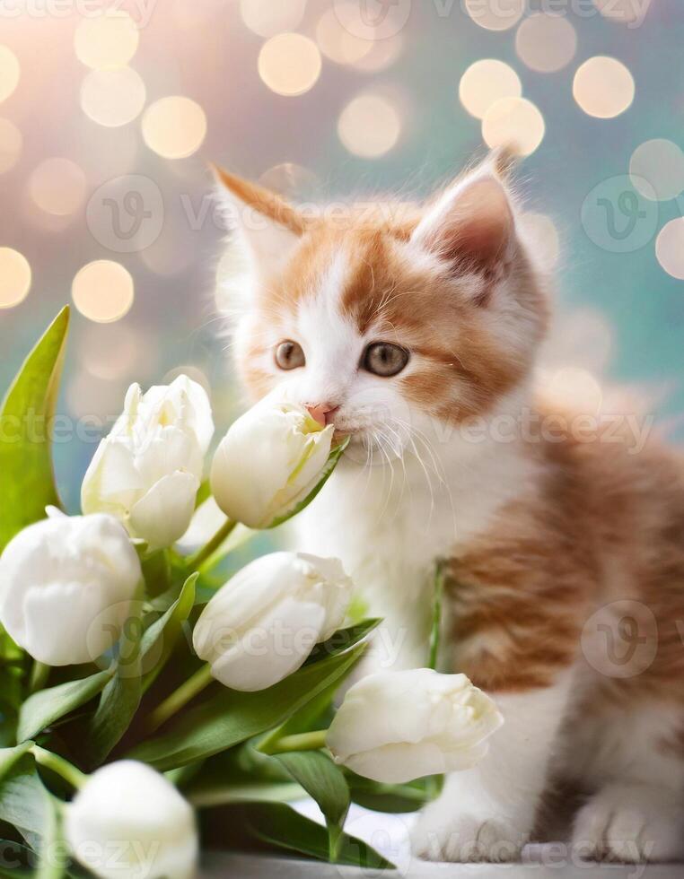ai generato soffice bella gattino e fiori, animale domestico e floreale carta, congratulazione carta foto
