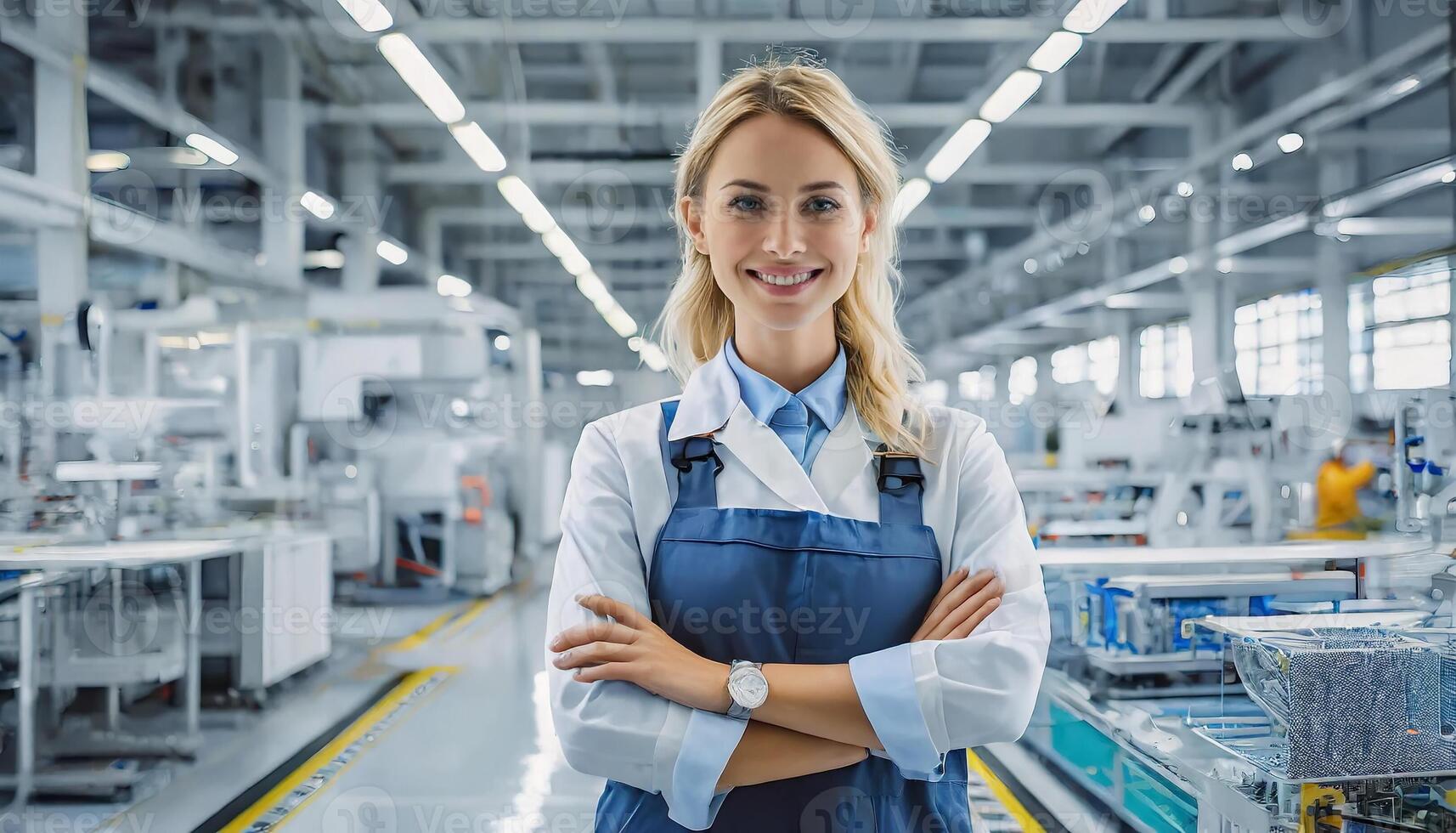 ai generato femmina facilità, caucasico biondo giovane donna ingegnere nel moderno tecnico pianta, sorridente su telecamera foto