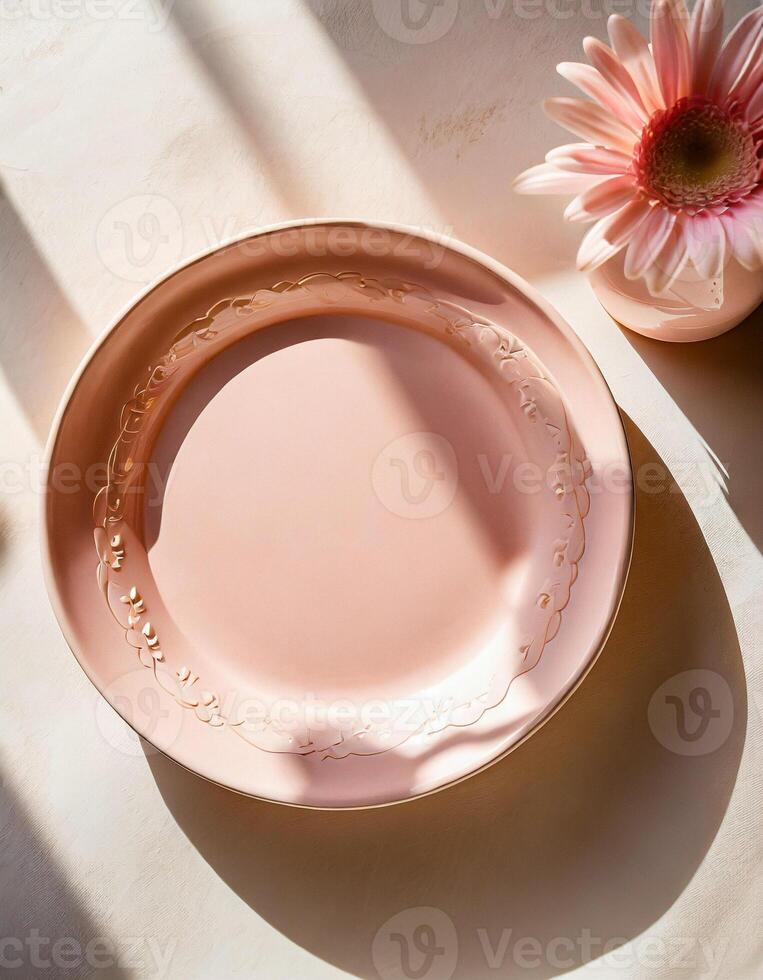 ai generato rosa ceramica piatto modello con fiori su tavolo, modello foto