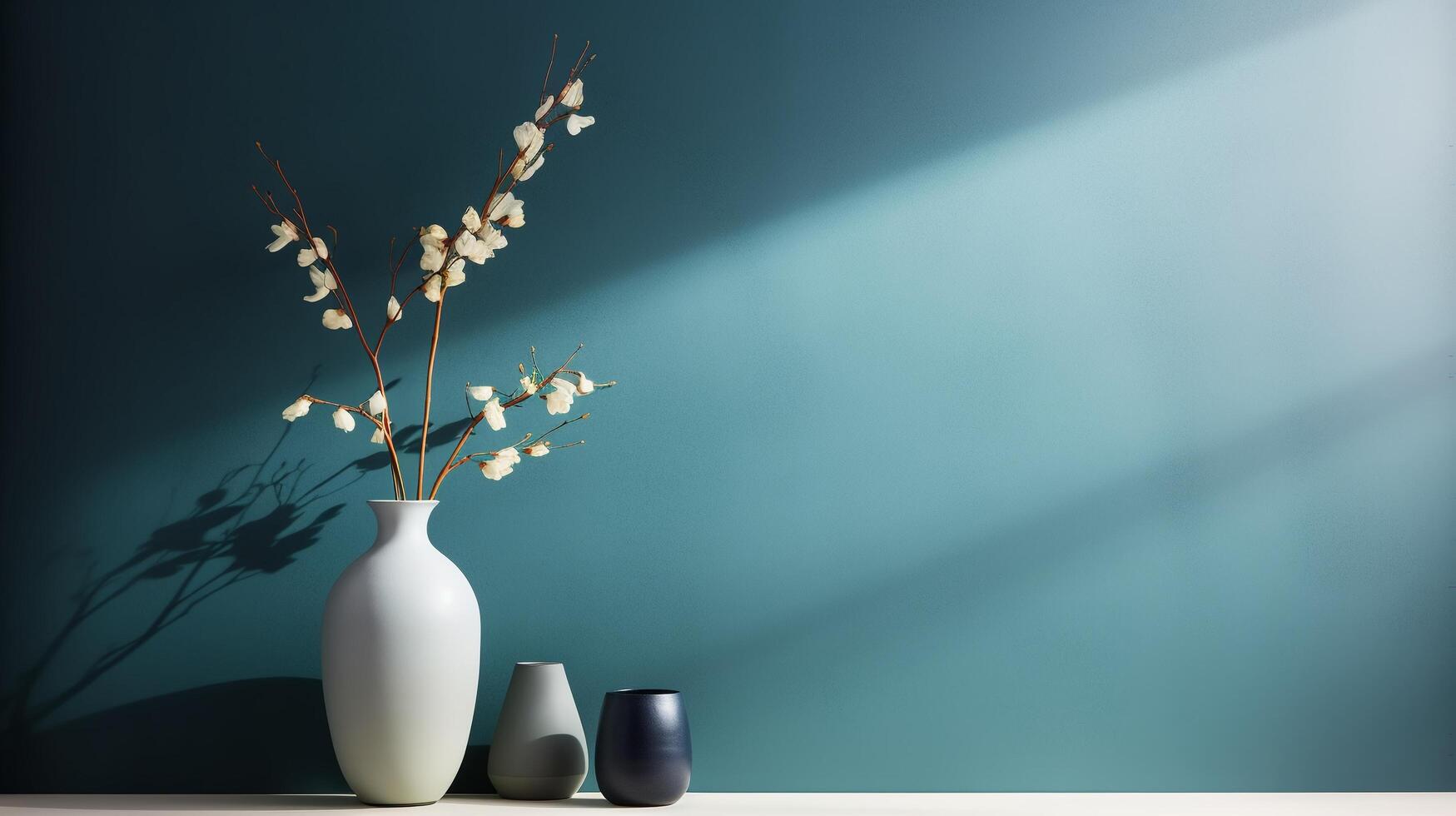 ai generato bianca vaso con ramificato fiori su il pavimento contro un' illuminata dal sole blu parete. foto