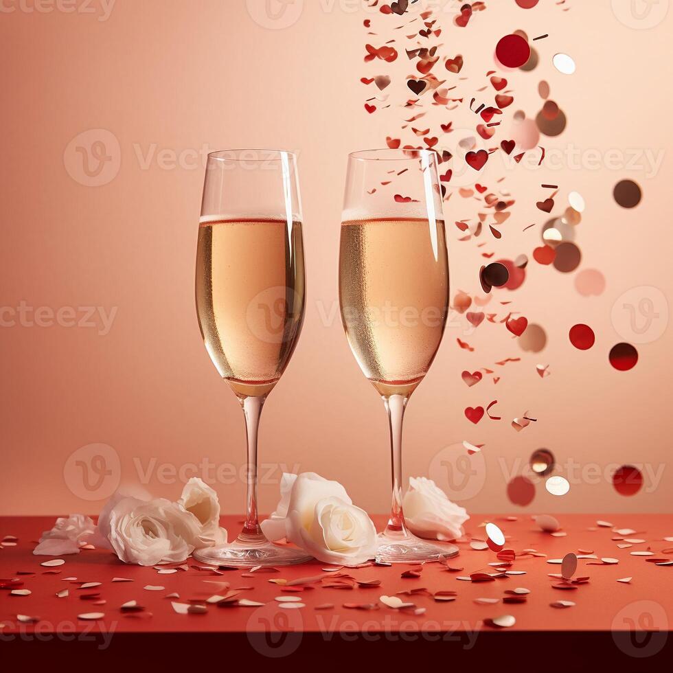 ai generato Due bicchieri di Champagne con rosa petali e coriandoli su rosso sfondo foto