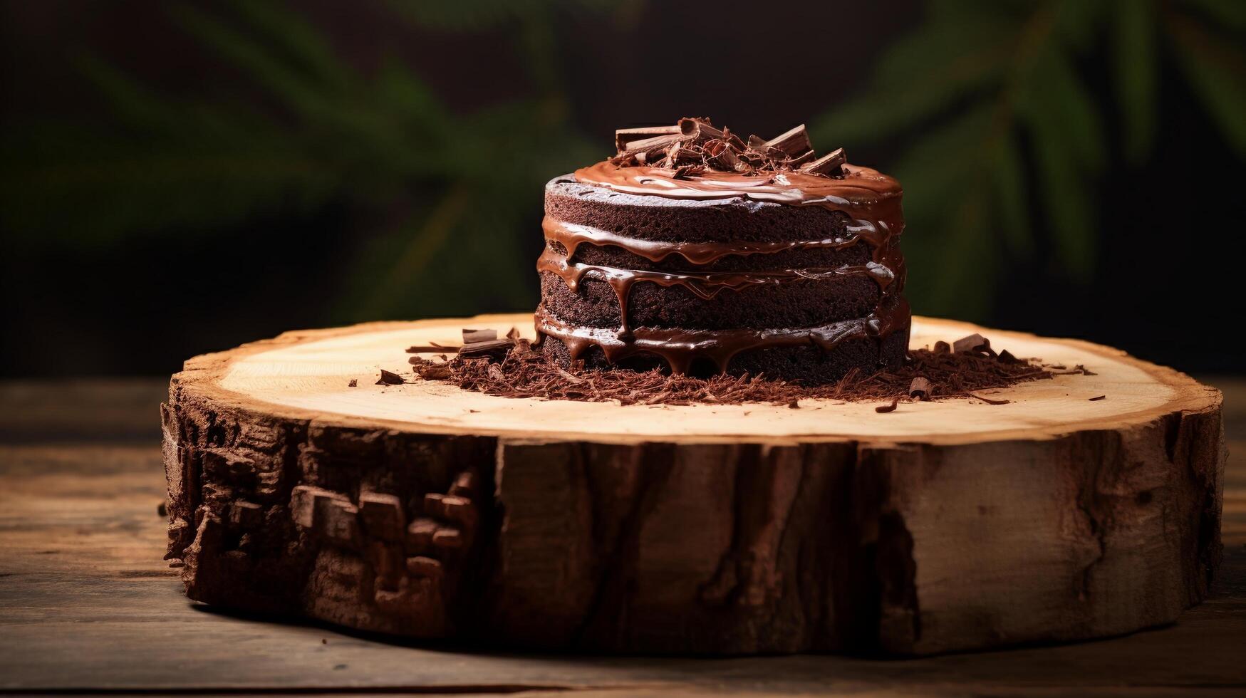 ai generato cioccolato torta su un' di legno podio con naturale sfondo. foto