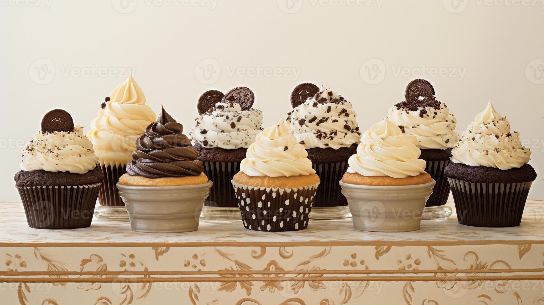 ai generato cupcakes decorato con cioccolato e crema su il tavolo. foto