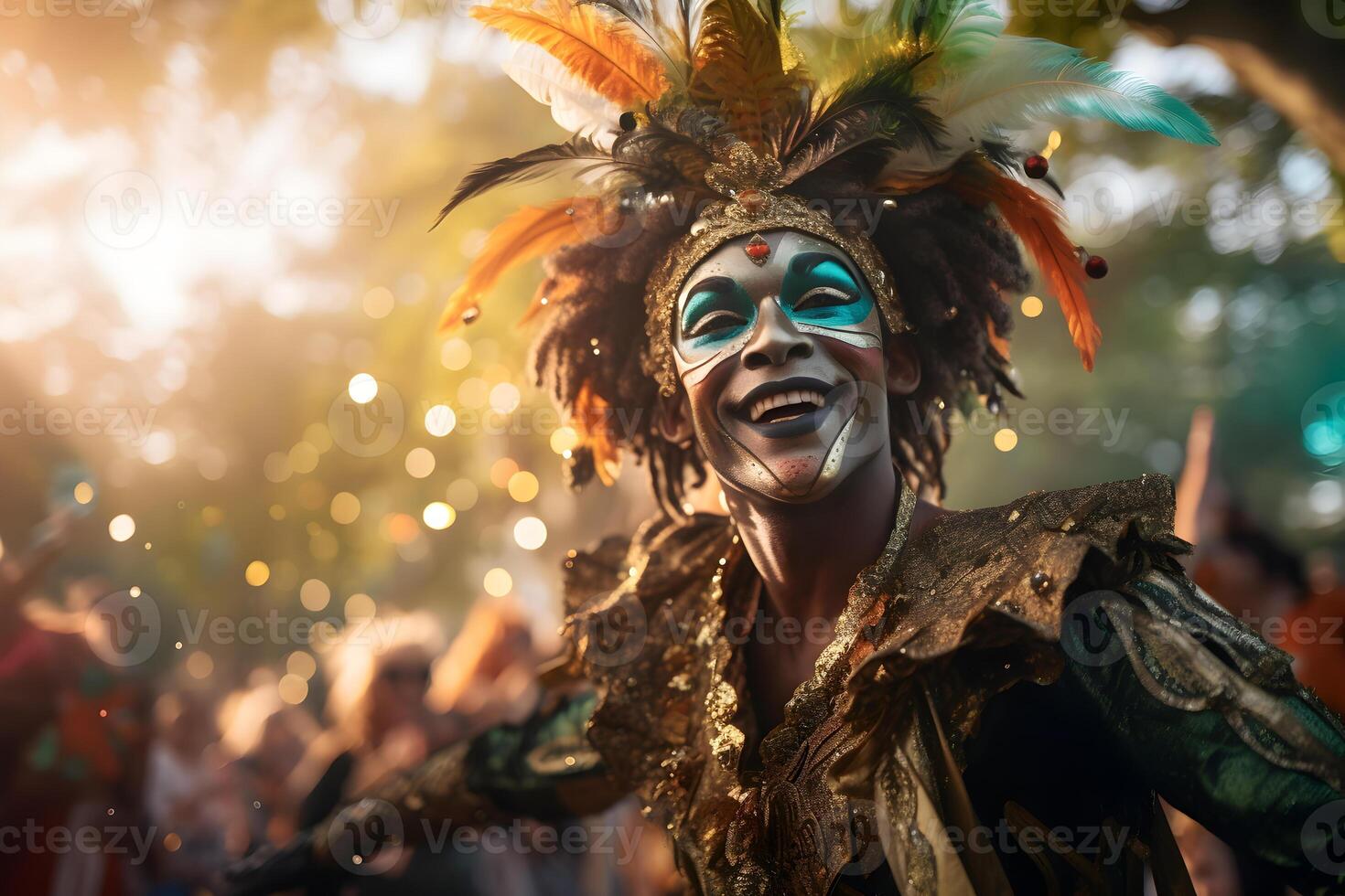 ai generato bellissimo avvicinamento ritratto di giovane uomo nel tradizionale samba danza attrezzatura e trucco per il brasiliano carnevale. rio de janeiro Festival nel brasile. foto