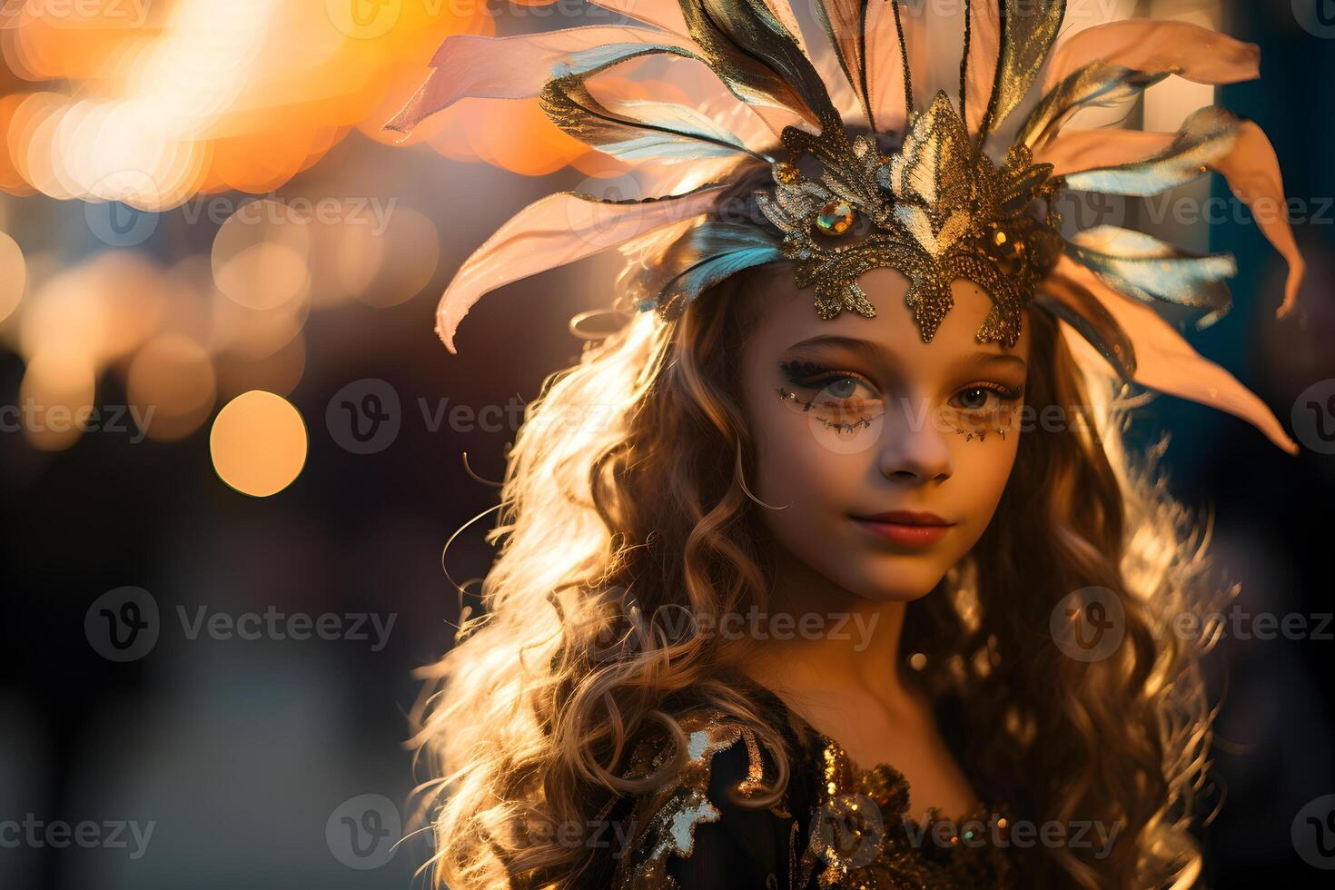 ai generato bellissimo avvicinamento ritratto di ragazza nel tradizionale veneziano carnevale maschera e costume, a il nazionale Venezia Festival nel Italia. foto