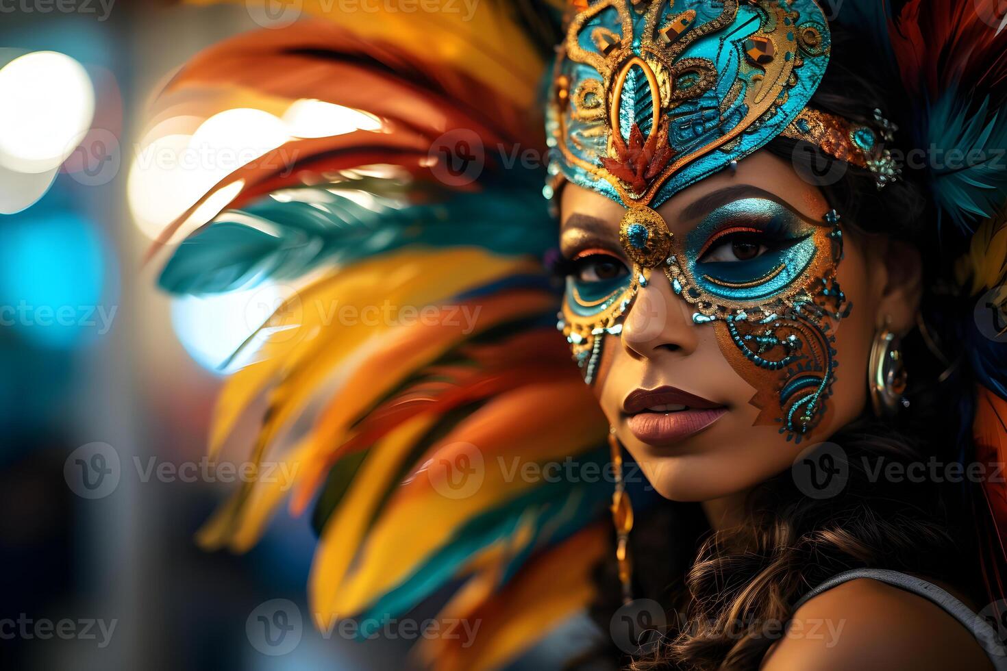 ai generato bellissimo avvicinamento ritratto di giovane donna nel tradizionale samba danza attrezzatura e trucco per il brasiliano carnevale. rio de janeiro Festival nel brasile. foto