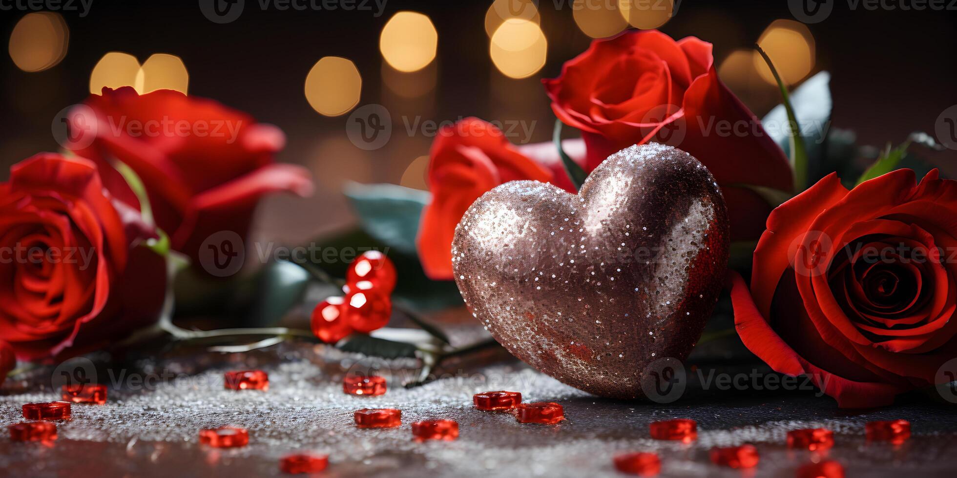 ai generato festivo san valentino sfondo con scintillante cuore decorazione e rosso Rose fiori. san valentino, madri, Da donna giorno, nozze o compleanno bandiera concetto con copia spazio. foto