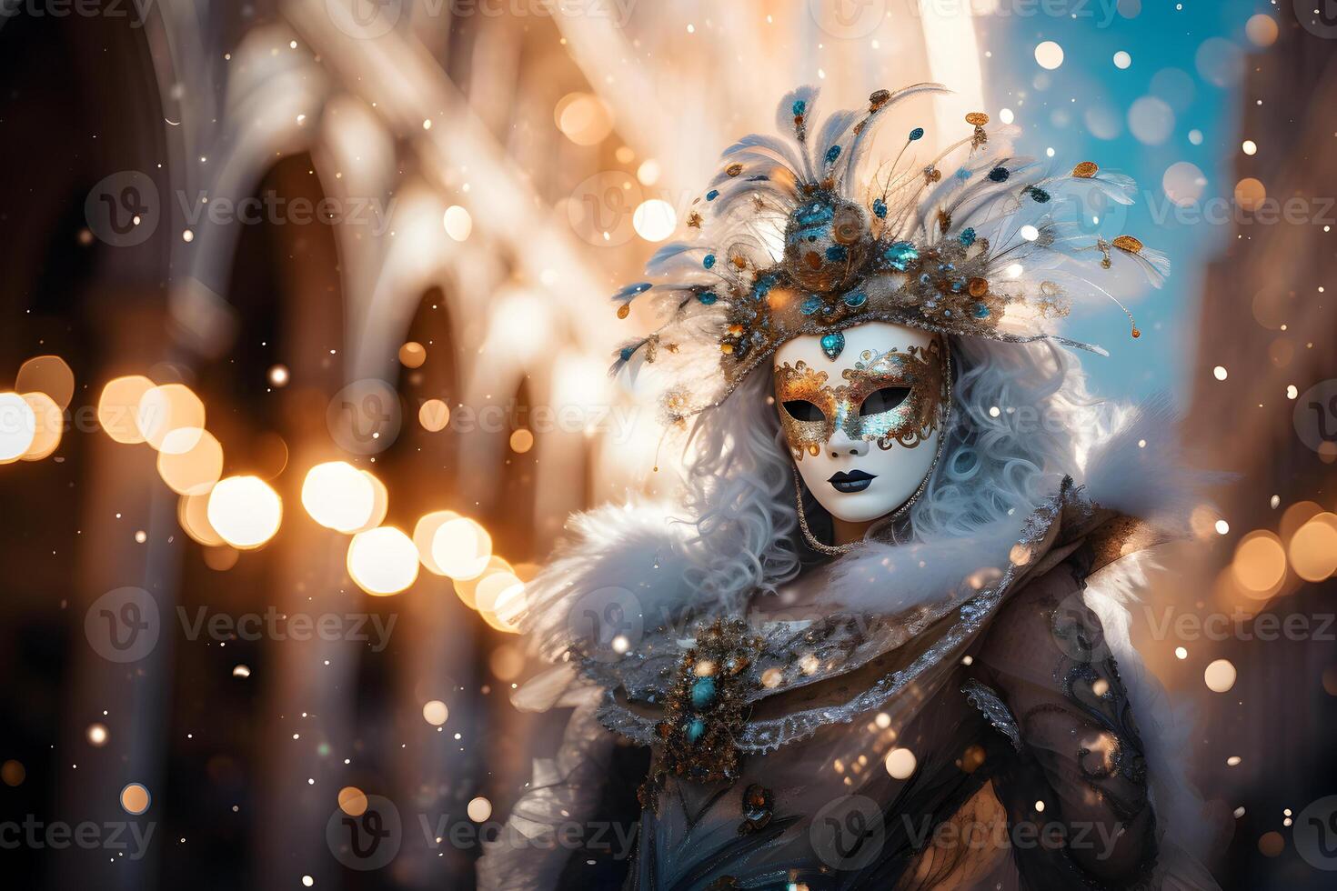 ai generato bellissimo avvicinamento ritratto di giovane donna nel tradizionale veneziano carnevale maschera e costume, a il nazionale Venezia Festival nel Italia. foto