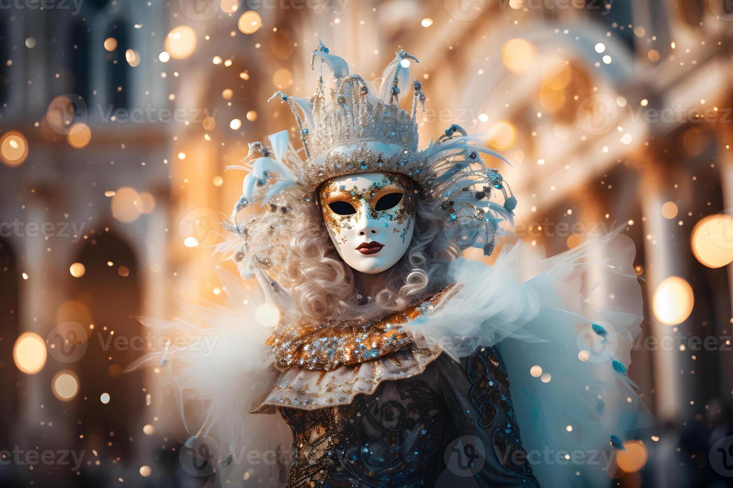 ai generato bellissimo avvicinamento ritratto di giovane donna nel tradizionale veneziano carnevale maschera e costume, a il nazionale Venezia Festival nel Italia. foto