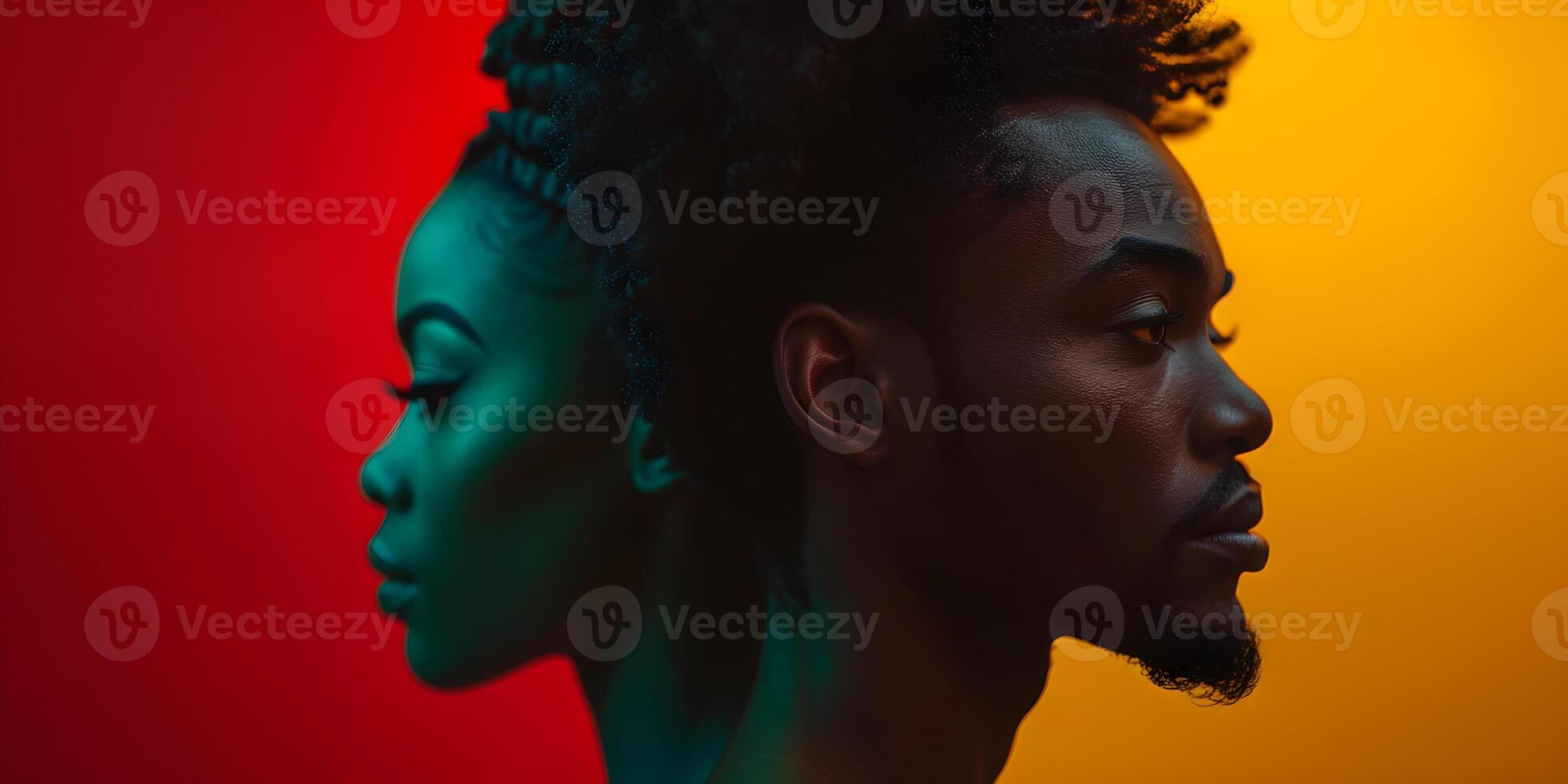 ai generato nero storia mese bandiera con afroamericano coppia ritratto nel profilo al di sopra di rosso giallo verde nero sfondo. juneteenth la libertà giorno celebrazione, africano liberazione giorno. foto