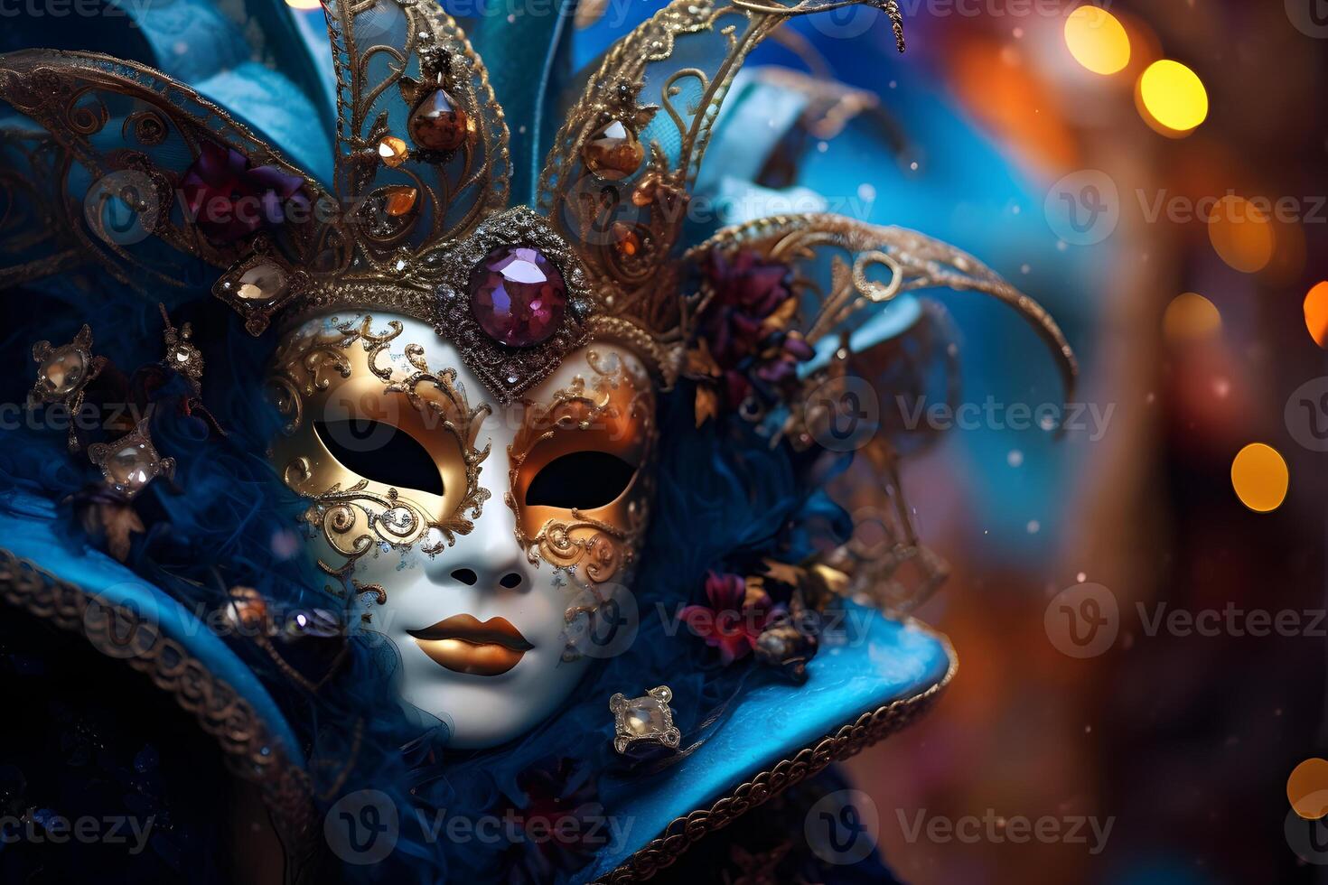 ai generato bellissimo avvicinamento ritratto di giovane donna nel tradizionale veneziano carnevale maschera e costume, a il nazionale Venezia Festival nel Italia. foto