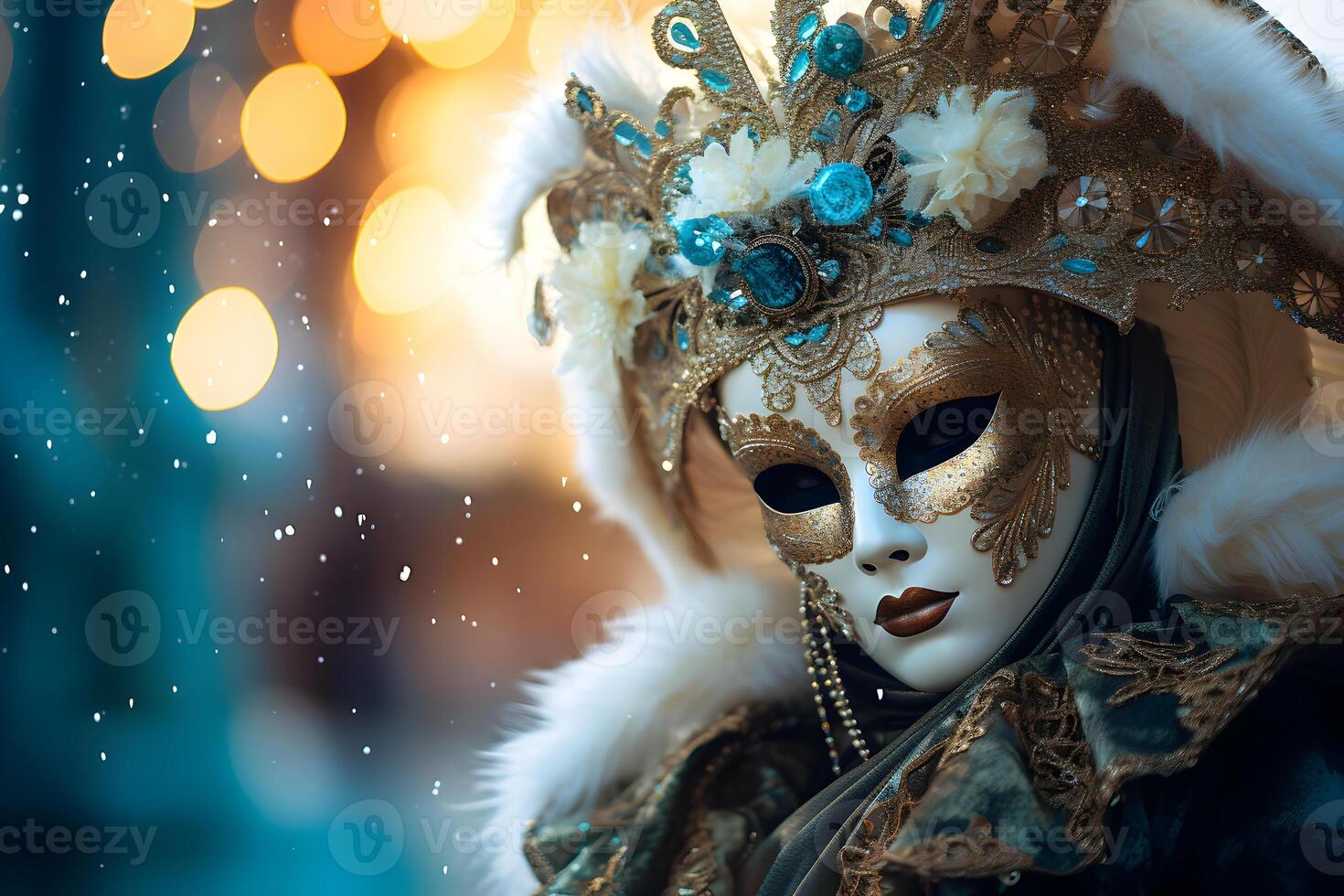 ai generato bellissimo avvicinamento ritratto di giovane donna nel tradizionale veneziano carnevale maschera e costume, a il nazionale Venezia Festival nel Italia. foto