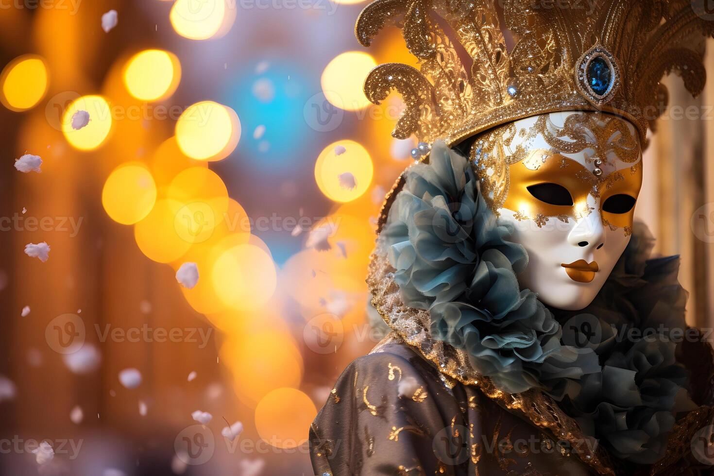 ai generato bellissimo avvicinamento ritratto di giovane donna nel tradizionale veneziano carnevale maschera e costume, a il nazionale Venezia Festival nel Italia. foto