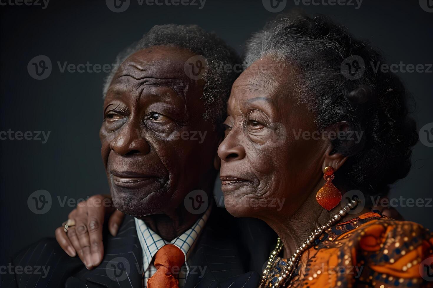 ai generato nero storia mese bandiera con afroamericano elegante anziano coppia ritratto su buio sfondo. juneteenth la libertà giorno celebrazione, africano liberazione giorno concetto. foto