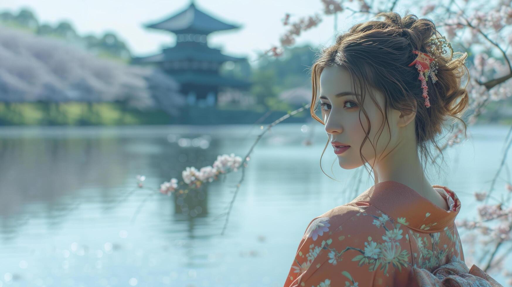 ai generato adolescente donna su chimono su sakura giardino mattina tempo bandiera foto