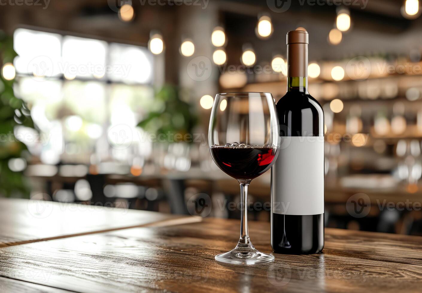 ai generato bicchiere di rosso vino con bottiglia contro rustico buio su di legno tavolo. finto su per design foto