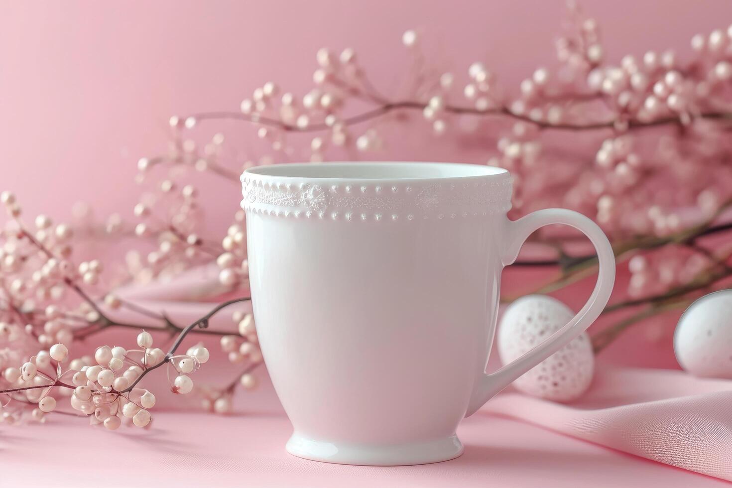ai generato bianca tè tazza circondato di fiori su rosa sfondo nel civetta stile foto