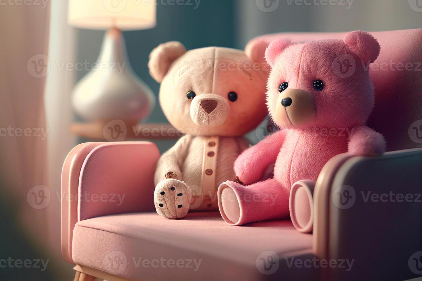 ai generato coppia rosa orsacchiotto orsi abbracciare su sedia, San Valentino giorno concetto. generativo ai foto
