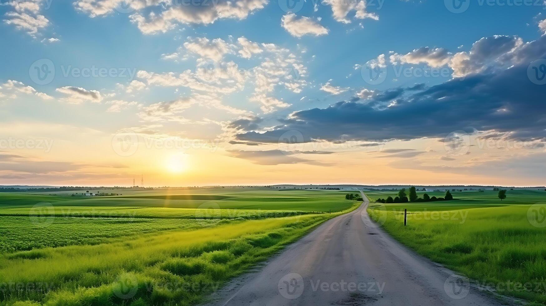 ai generato rurale bellezza svelato, verde campo, vuoto strada, e tramonto nuvole foto