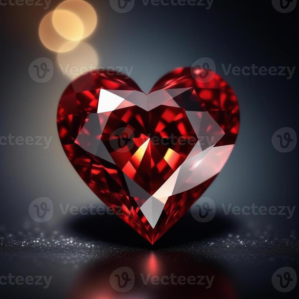 ai generato vicino su di un' bellissimo rosso cuore sagomato diamante posto su un' brillante nero sfondo. ai generativo foto