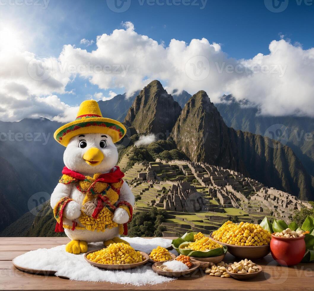 ai generato divertente pupazzo di neve con Mais su di legno tavolo nel davanti di montagna sfondo foto