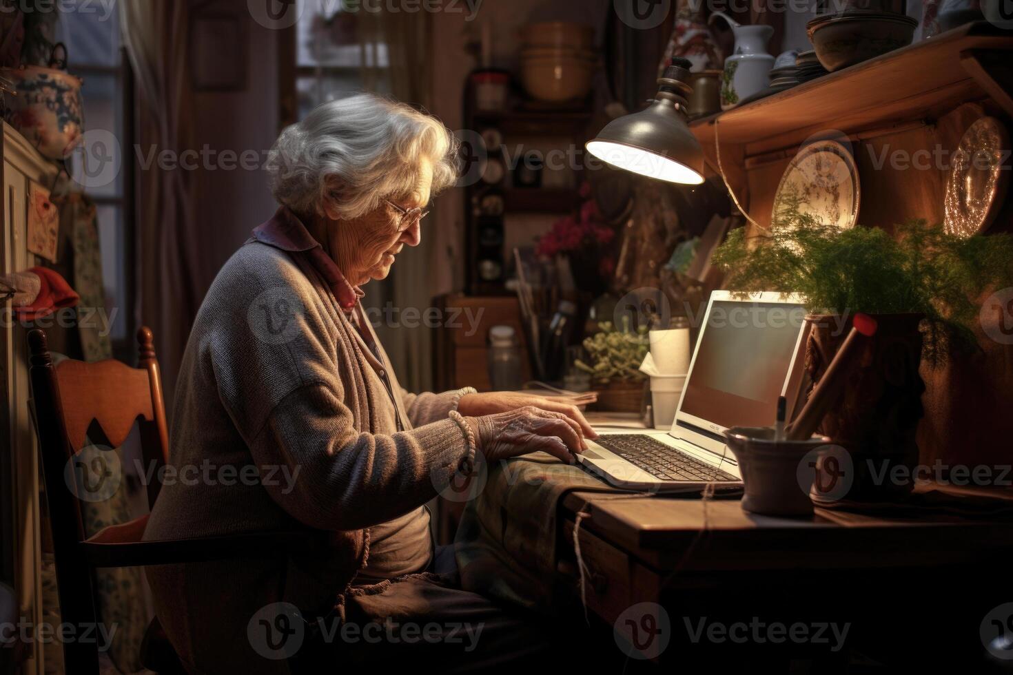ai generato un intelligente anziano donna si siede a casa a sua computer e studi. foto