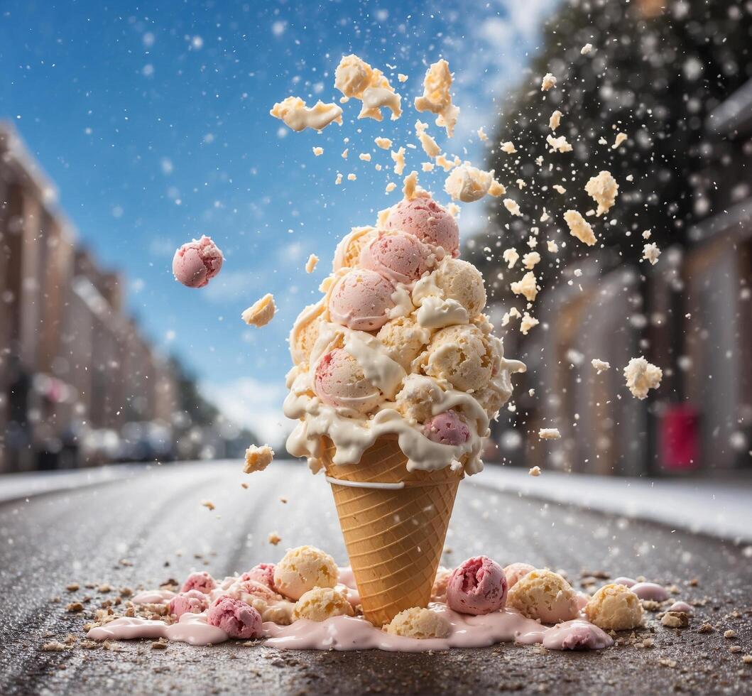 ai generato ghiaccio crema cono con caduta pezzi di ghiaccio crema su il strada. foto