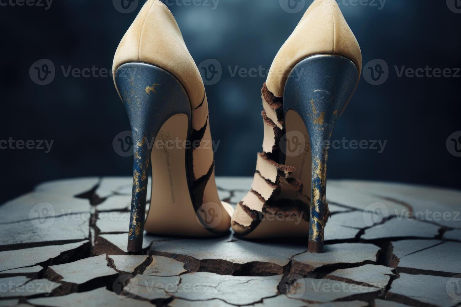 ai generato Da donna scarpe con Cracked tacchi. un' surreale Visualizza foto