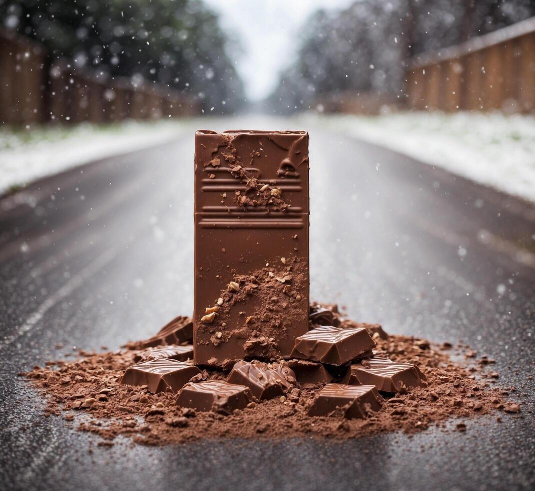 ai generato cioccolato bar su il strada coperto con cacao polvere e caduta neve foto