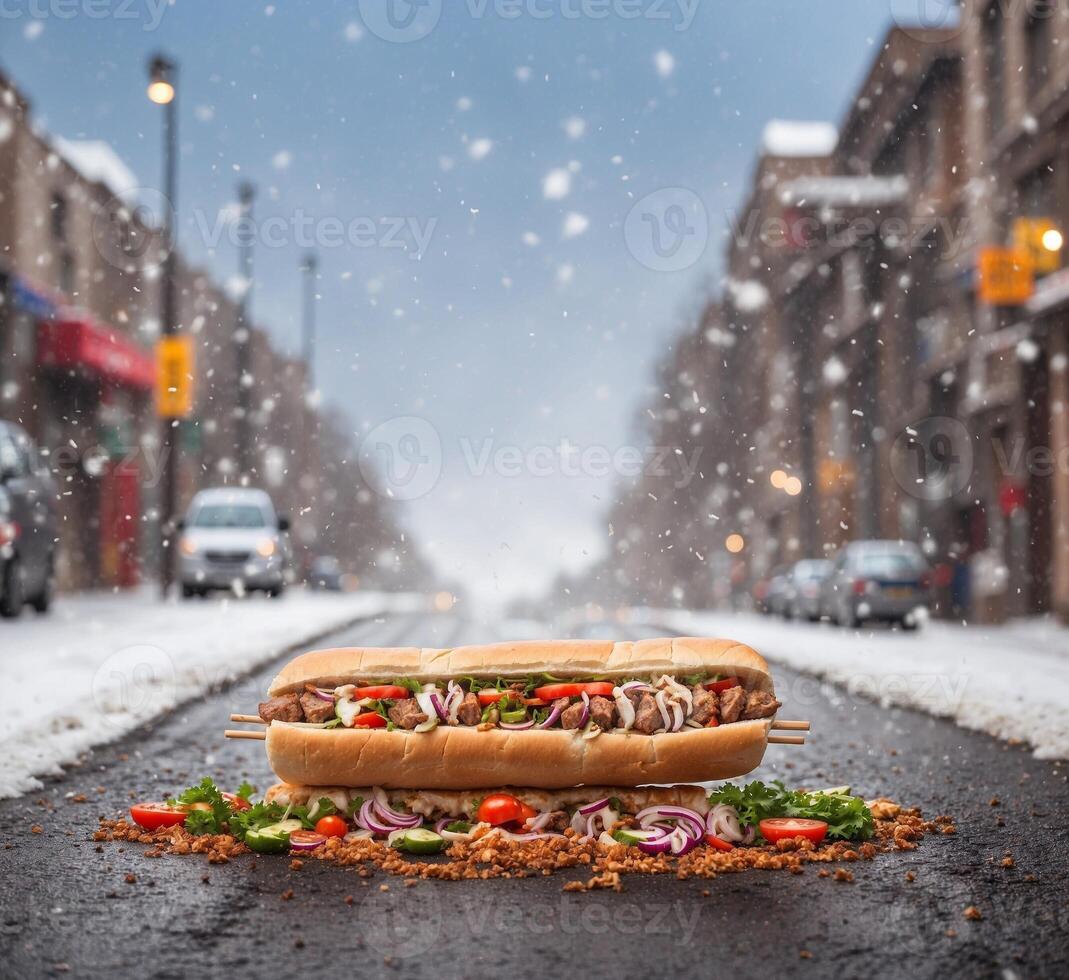 ai generato caldo cane su il strada durante un' nevicata. strada cibo. foto