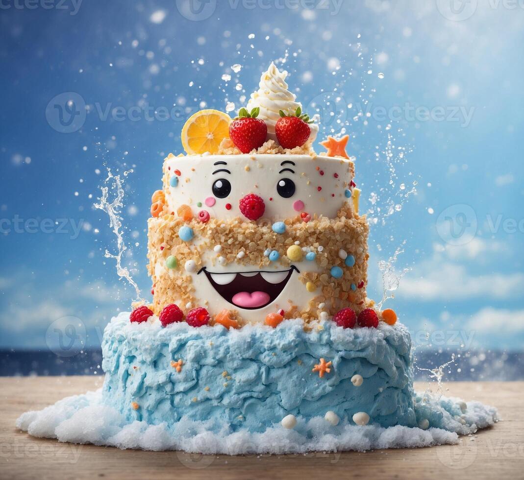 ai generato divertente compleanno torta con divertente viso su blu cielo sfondo, avvicinamento foto