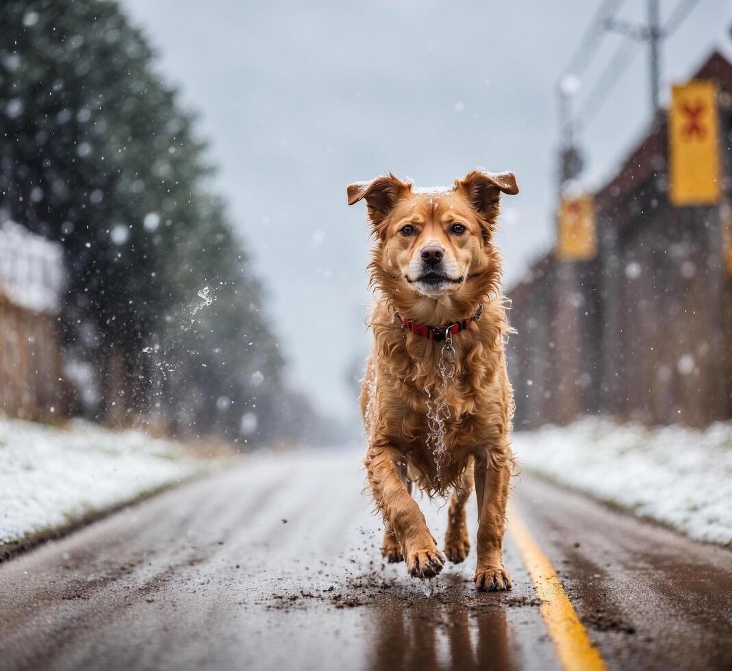 ai generato rosso cane in esecuzione su il strada nel un' pesante nevicata nel il città foto