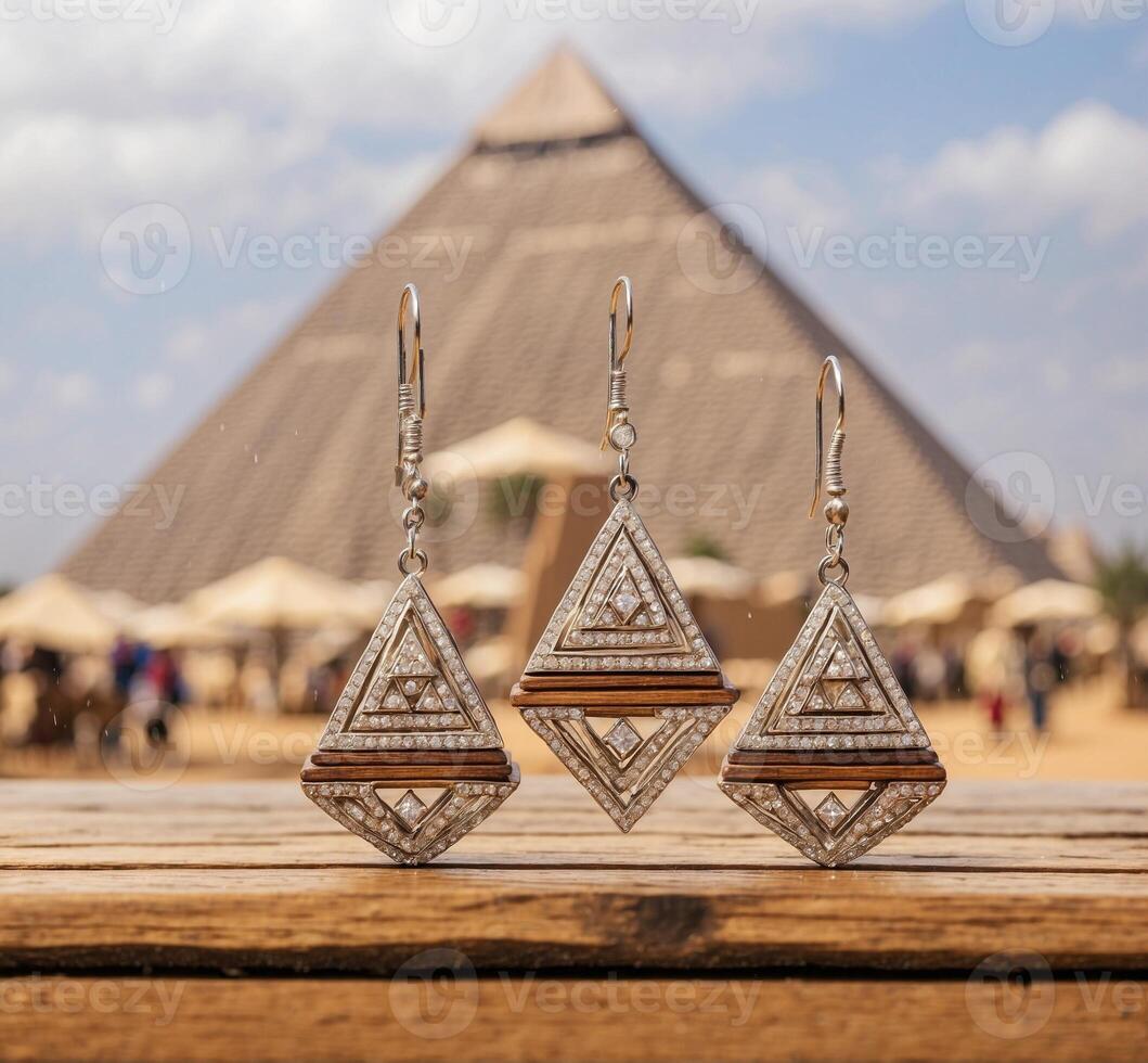 ai generato orecchini su un' di legno tavolo contro il sfondo di il piramide di giza. Egitto foto