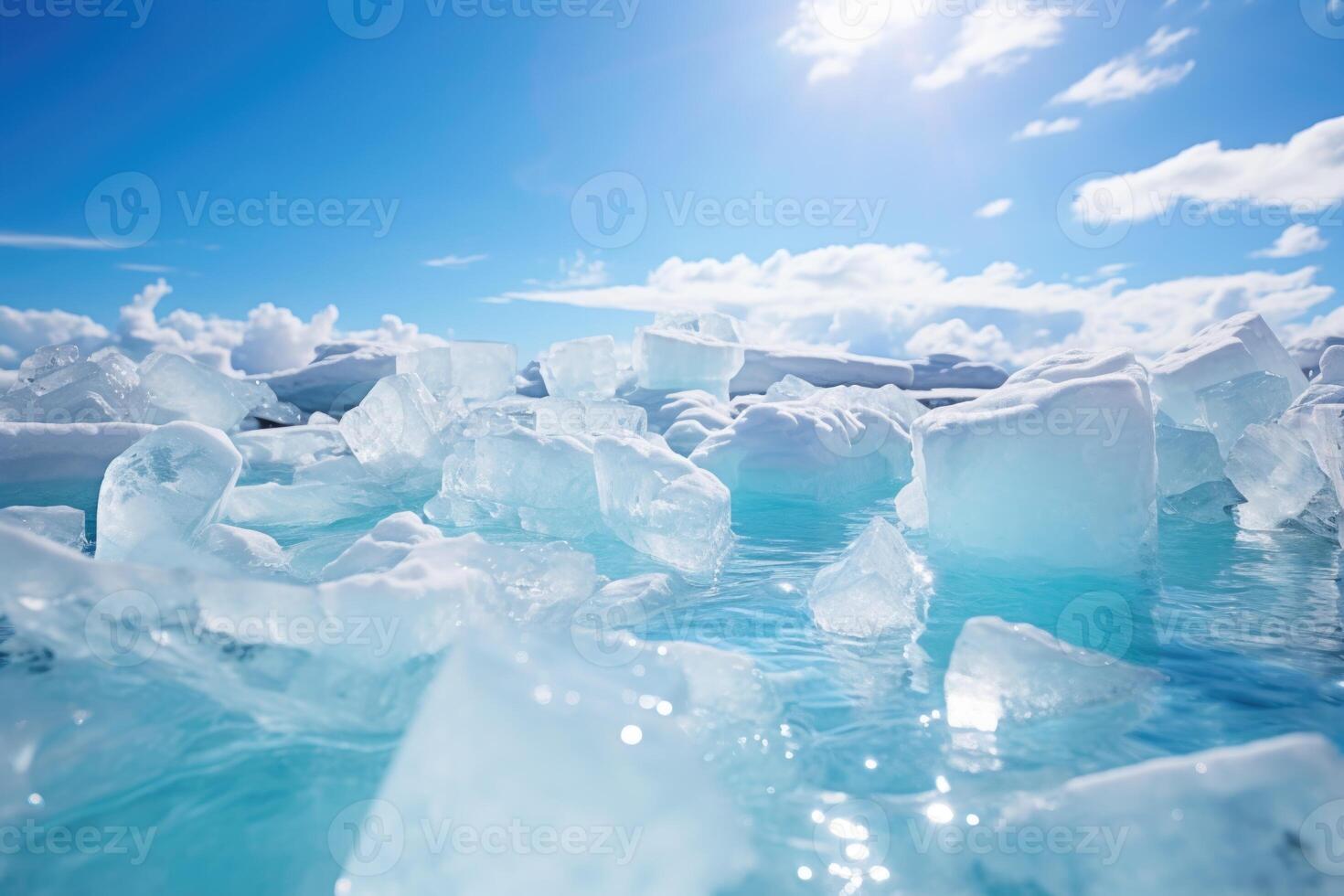 ai generato inverno naturale sfondo con frammenti di blu ghiaccio e emorroidi di frammenti di ghiaccio floes su il lago su un' soleggiato gelido giorno foto