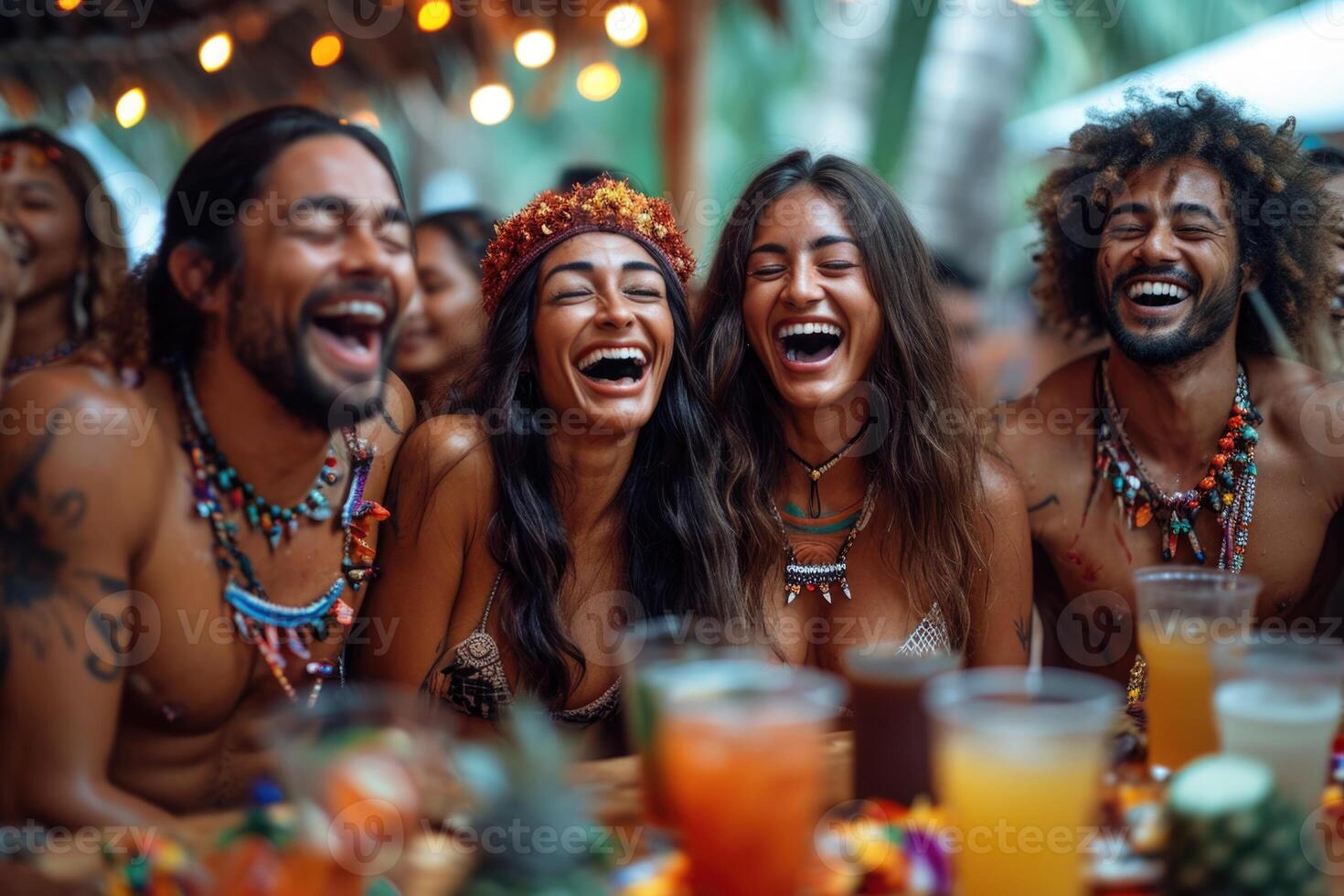 ai generato un' gruppo di amici siamo seduta insieme a un' festivo tavolo al di fuori e chattare. bali foto