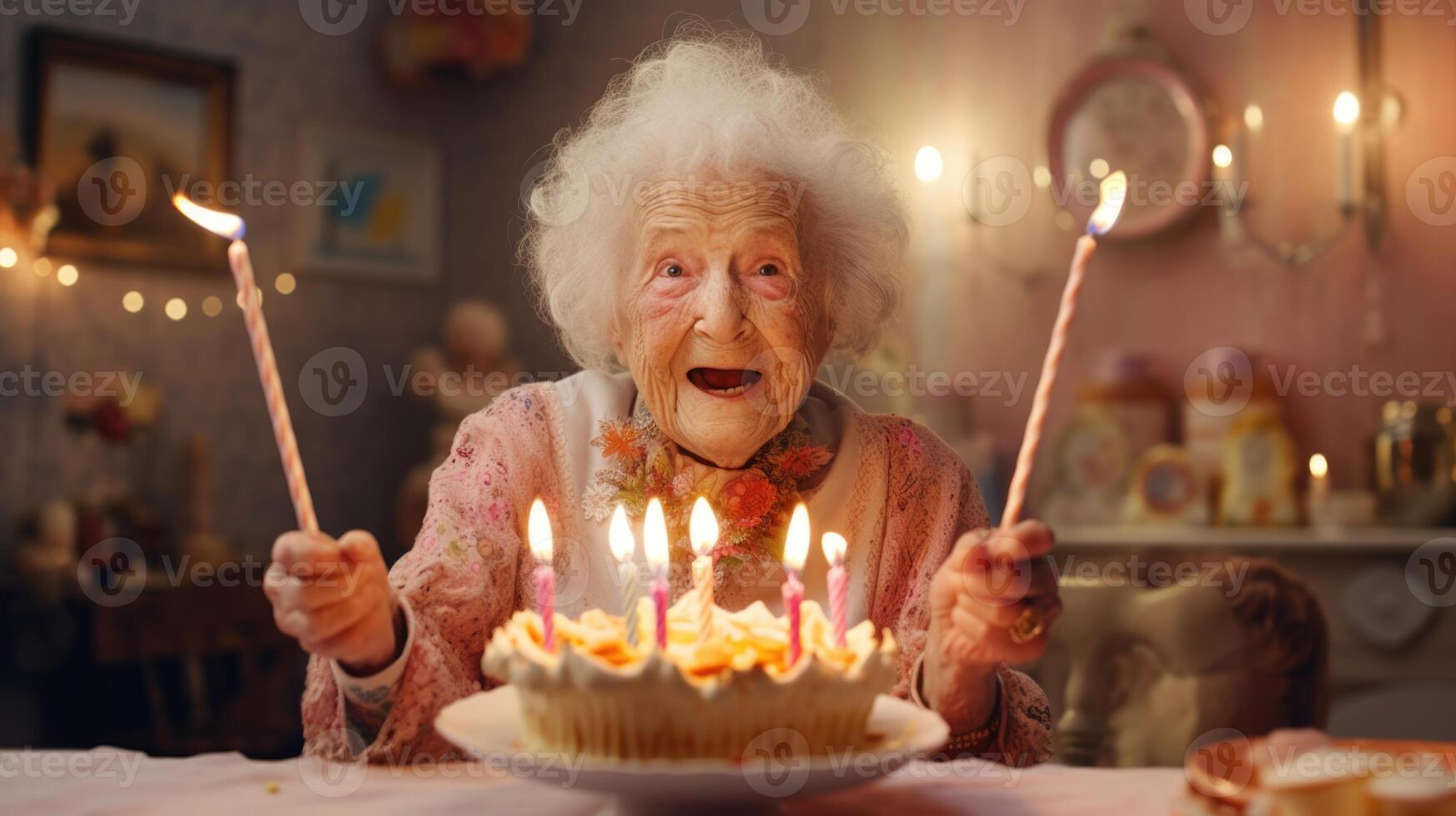 ai generato un anziano donna colpi su il candele su un' compleanno torta a sua casa foto