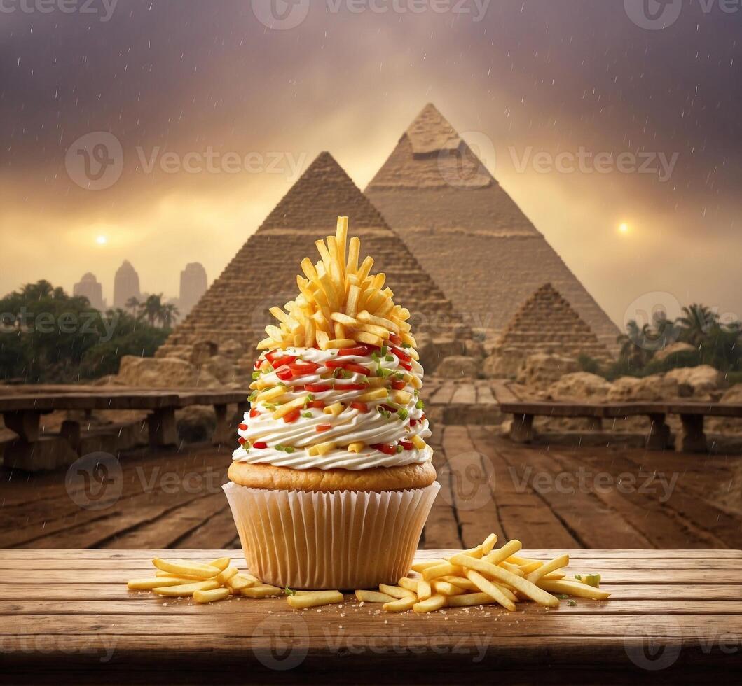 ai generato Cupcake con formaggio e francese patatine fritte su di legno tavolo con grande piramide sfondo foto