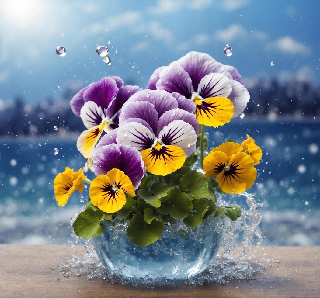 ai generato colorato viola del pensiero fiori nel vaso con acqua gocce su di legno tavolo foto