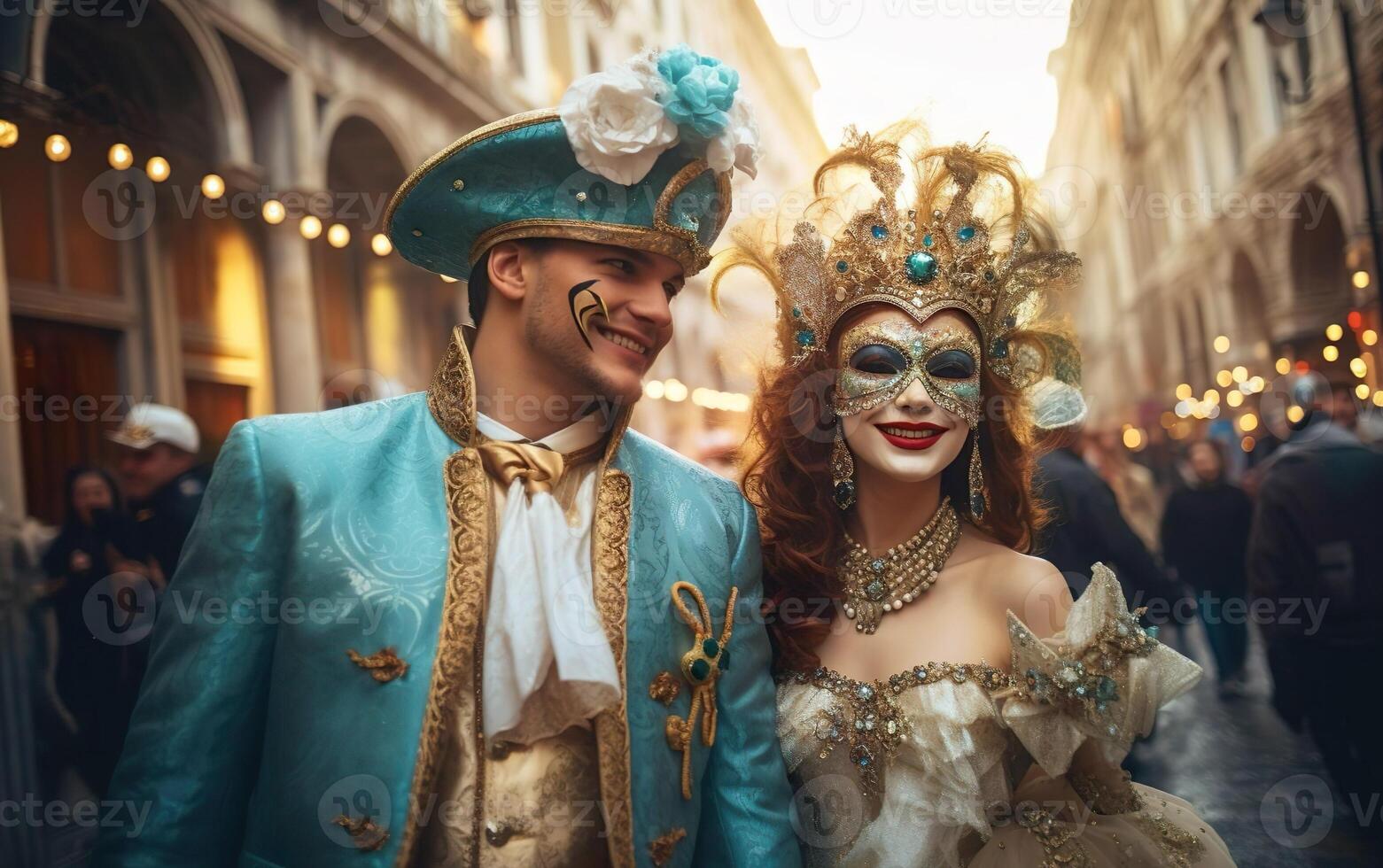 ai generato mardi gras manifesto. contento coppia nel carnevale costumi sorridente e parlando su europeo strada. veneziano masquerade festa vestito. viso arte. ai generativo foto