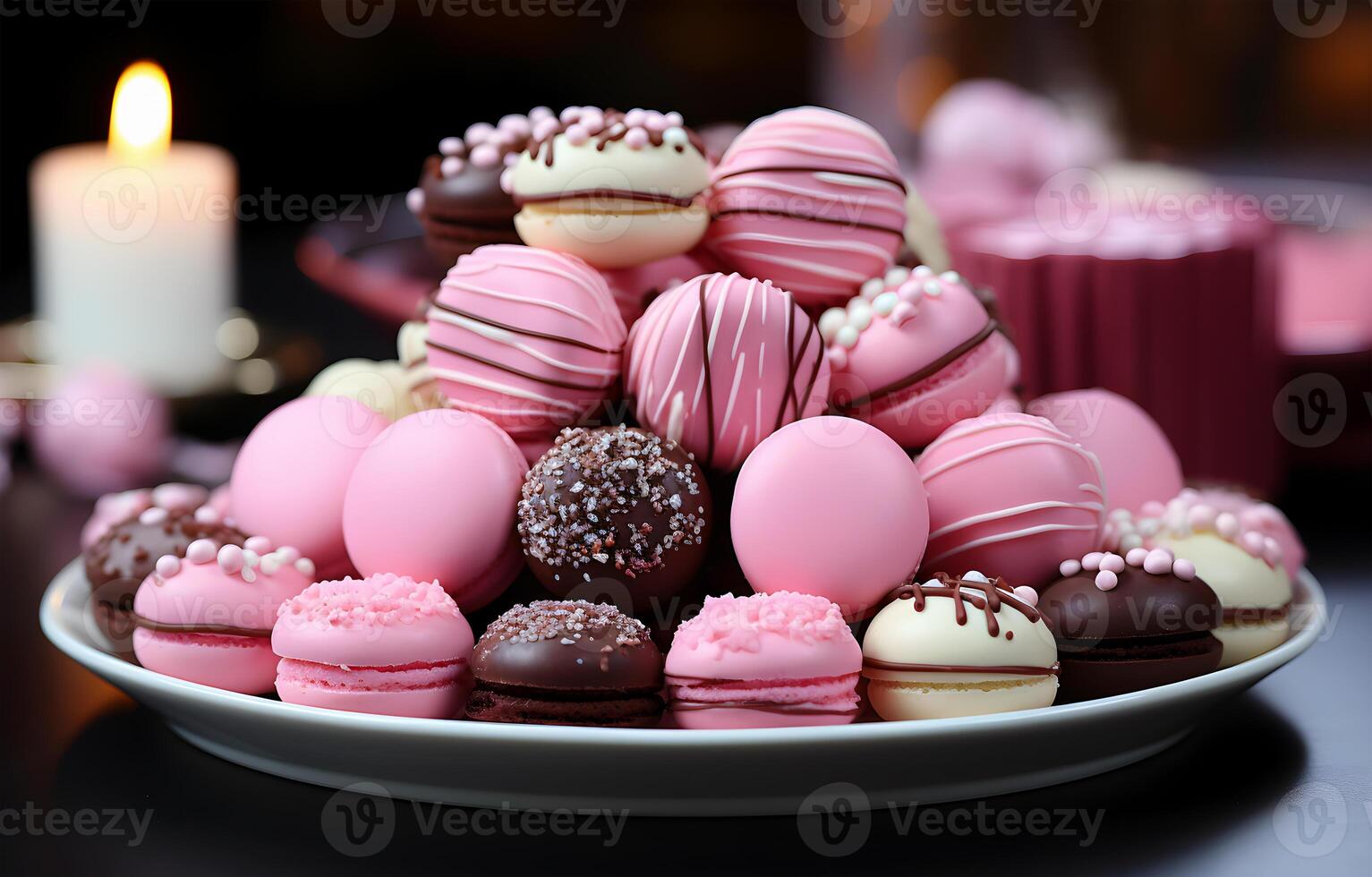 ai generato Visualizza di bellissimo delizioso cioccolato caramella cibo nel diverso stili su un' piatto foto