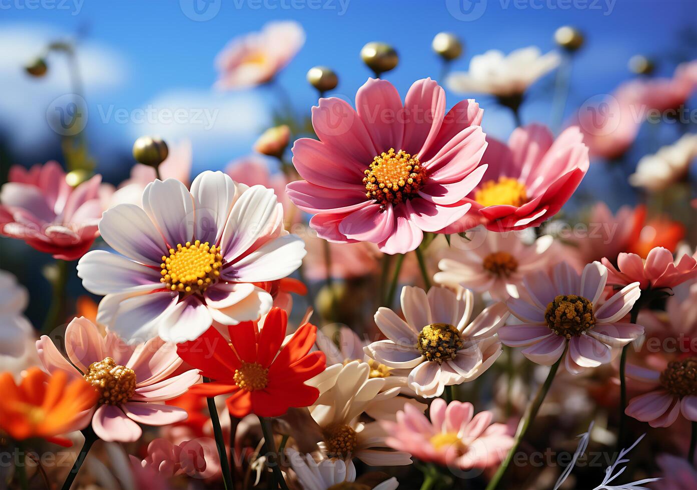 ai generato alcuni colorato fiori selvatici e bellissimo primavera prati nel soleggiato estate foto