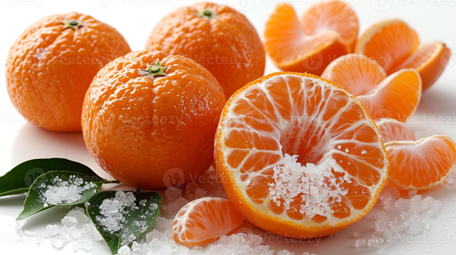 ai generato Visualizza di delizioso fresco mandarino, arancia, e altro frutta su un' bianca sfondo foto