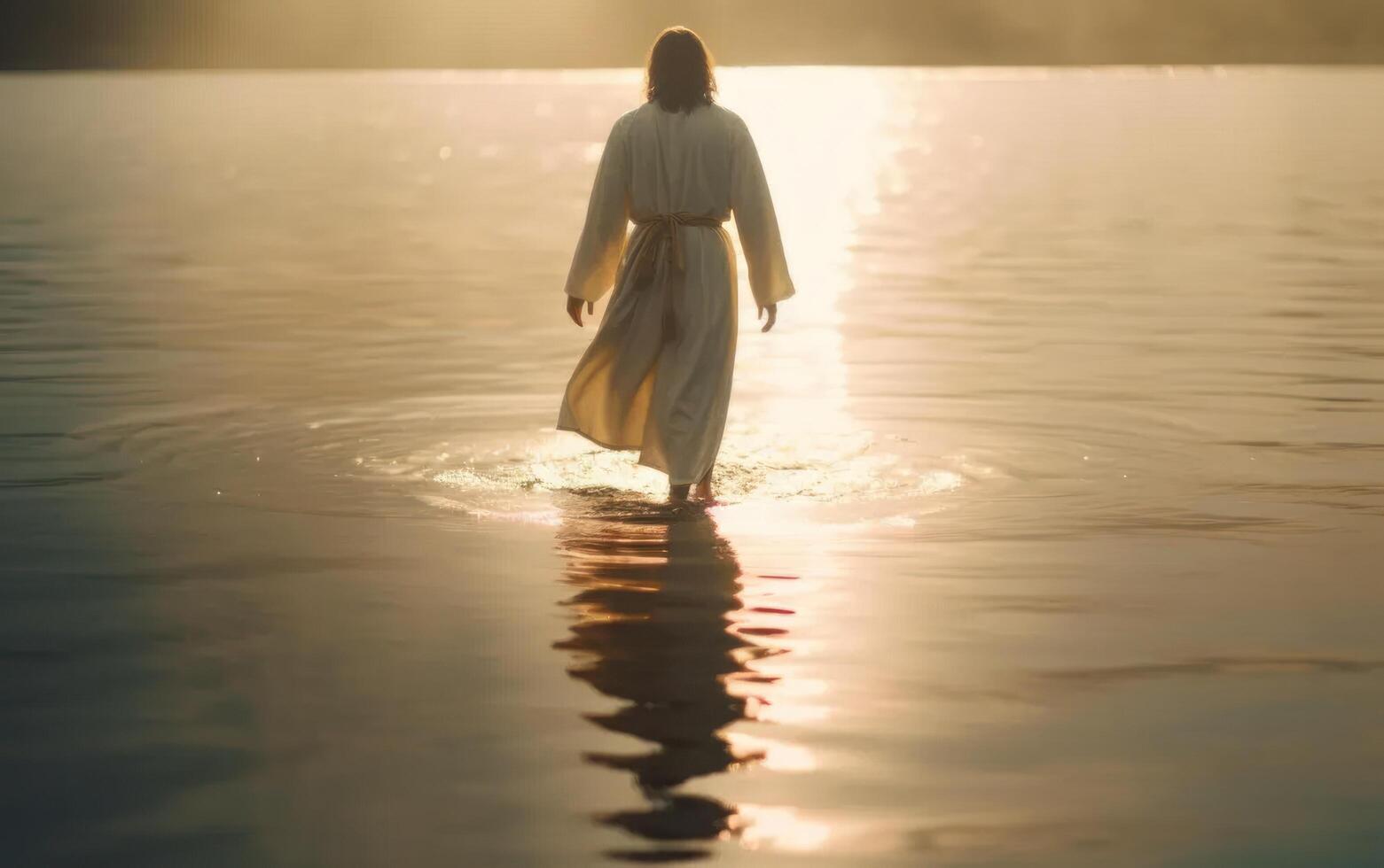 ai generato Gesù Cristo passeggiate su acqua. generativo ai. foto